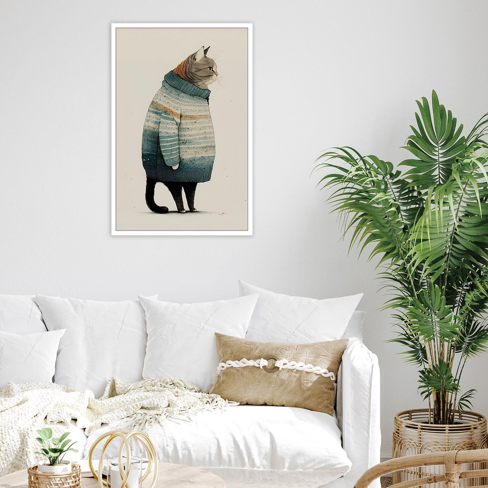 Tyohu Modern Winter Cats Wear Sweaters Posters Funny Minimalist Animals Wall Art Cute The Cat Snuggled In The Warm Sweater Print
