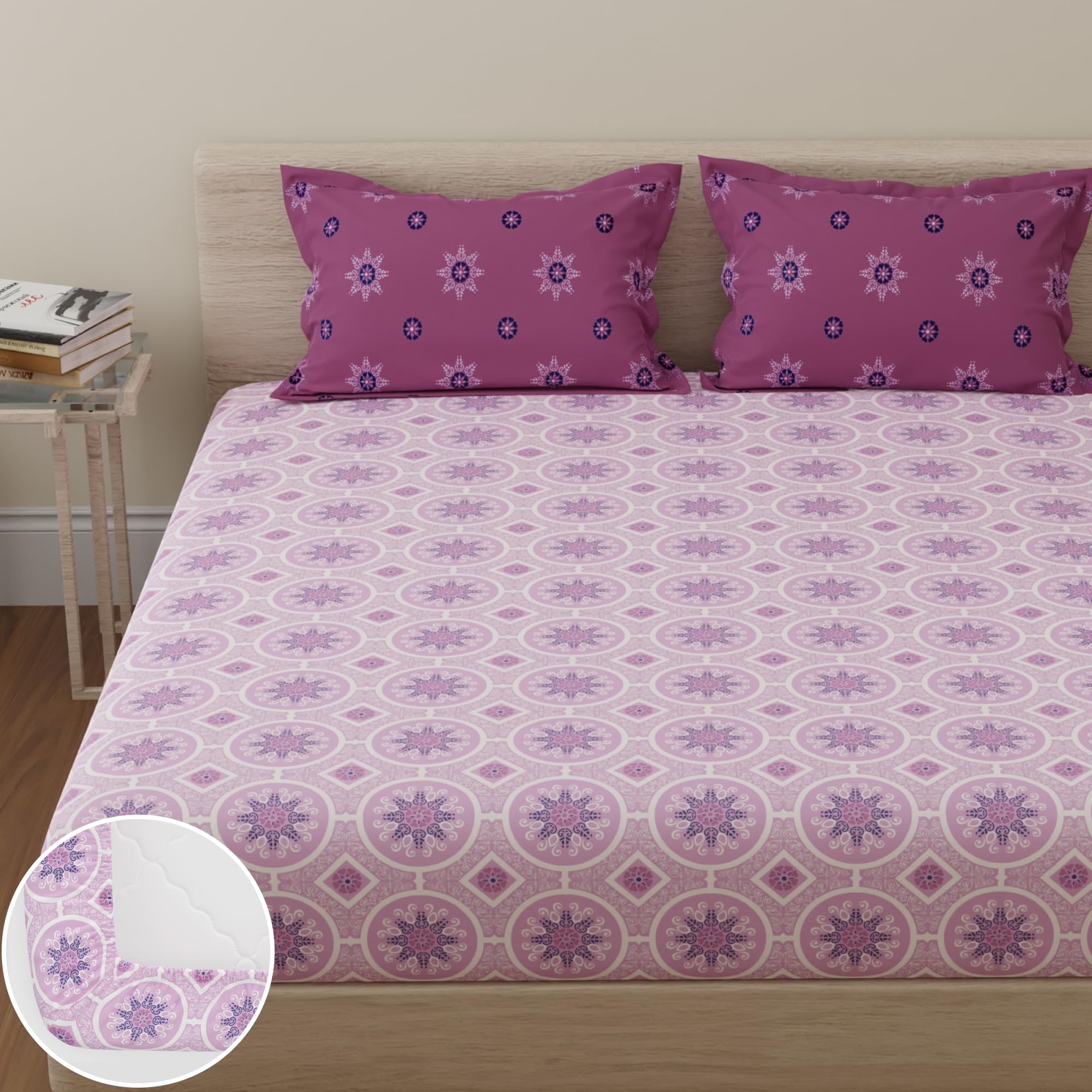 Huesland By Ahmedabad Cotton 144 Tc Cotton Elastic Fitted Bedsheet For Double Bed With 2 Pillow Covers | 60 X 78 Inches