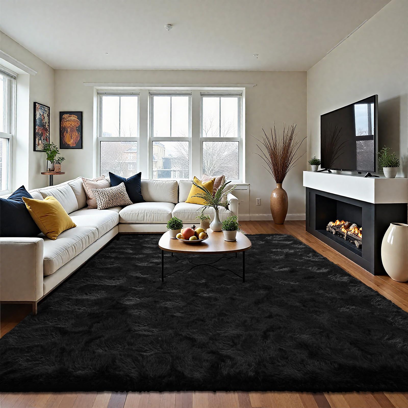 LOCHAS Ultra Soft Indoor Modern Area Rugs 10x14, Fluffy Living Room Carpets for Children Bedroom Home Decor Nursery Rug, Black