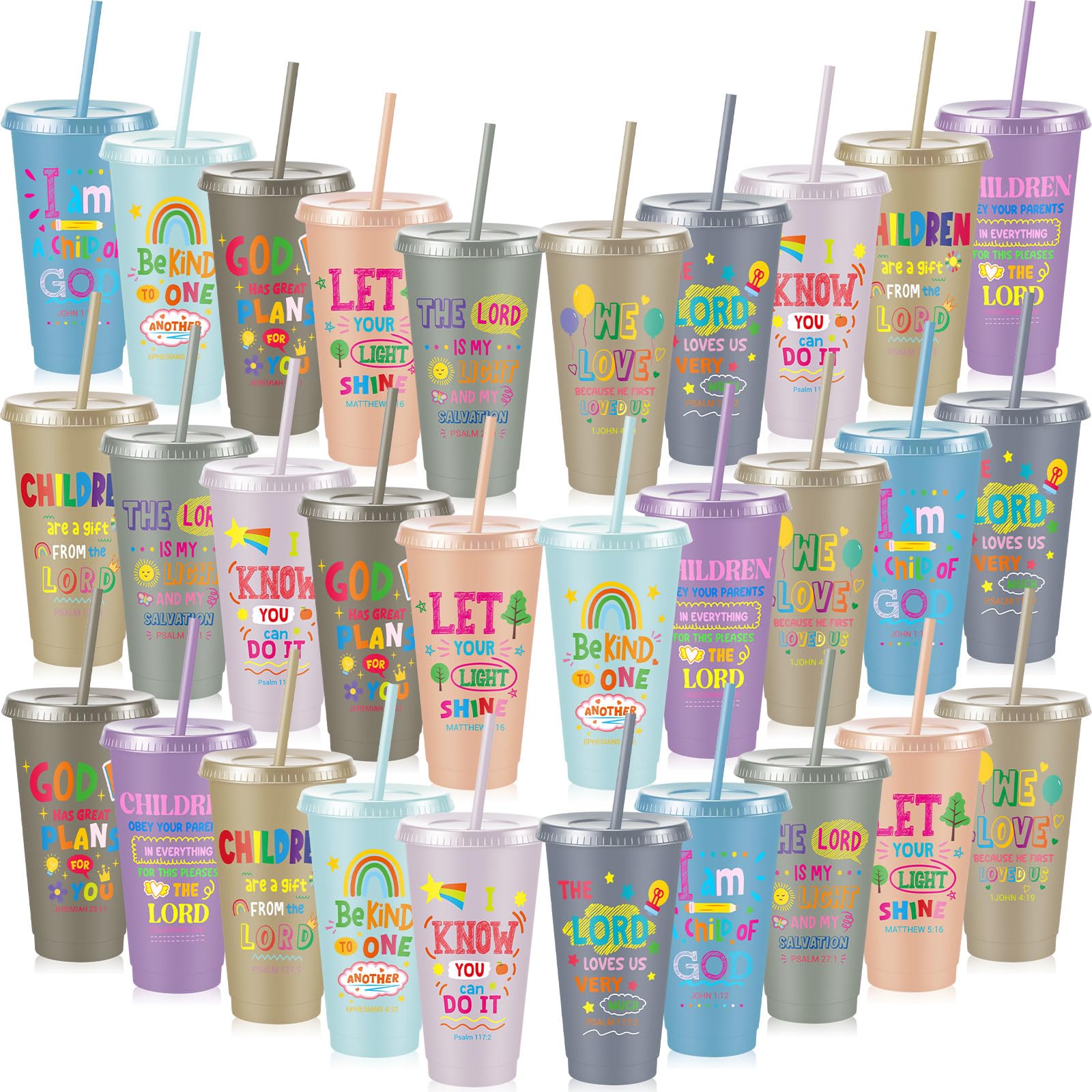 Uiifan 30 Pcs Light Morandi Christian Cups for Kids, 24oz Pastel Reusable Plastic Tumblers with Lids and Straws, Neutral Bible V