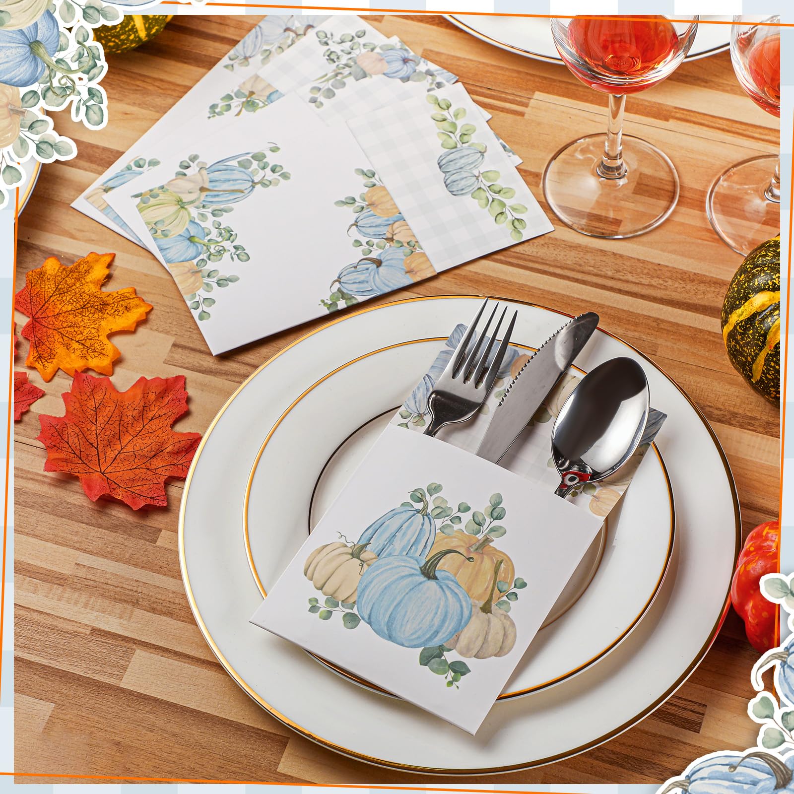 Sliner 48 Pcs Thanksgiving Cutlery Holder Fall Utensil Holder Blue Pumpkin Silverware Paper Bag Pockets Silverware Paper Pocket