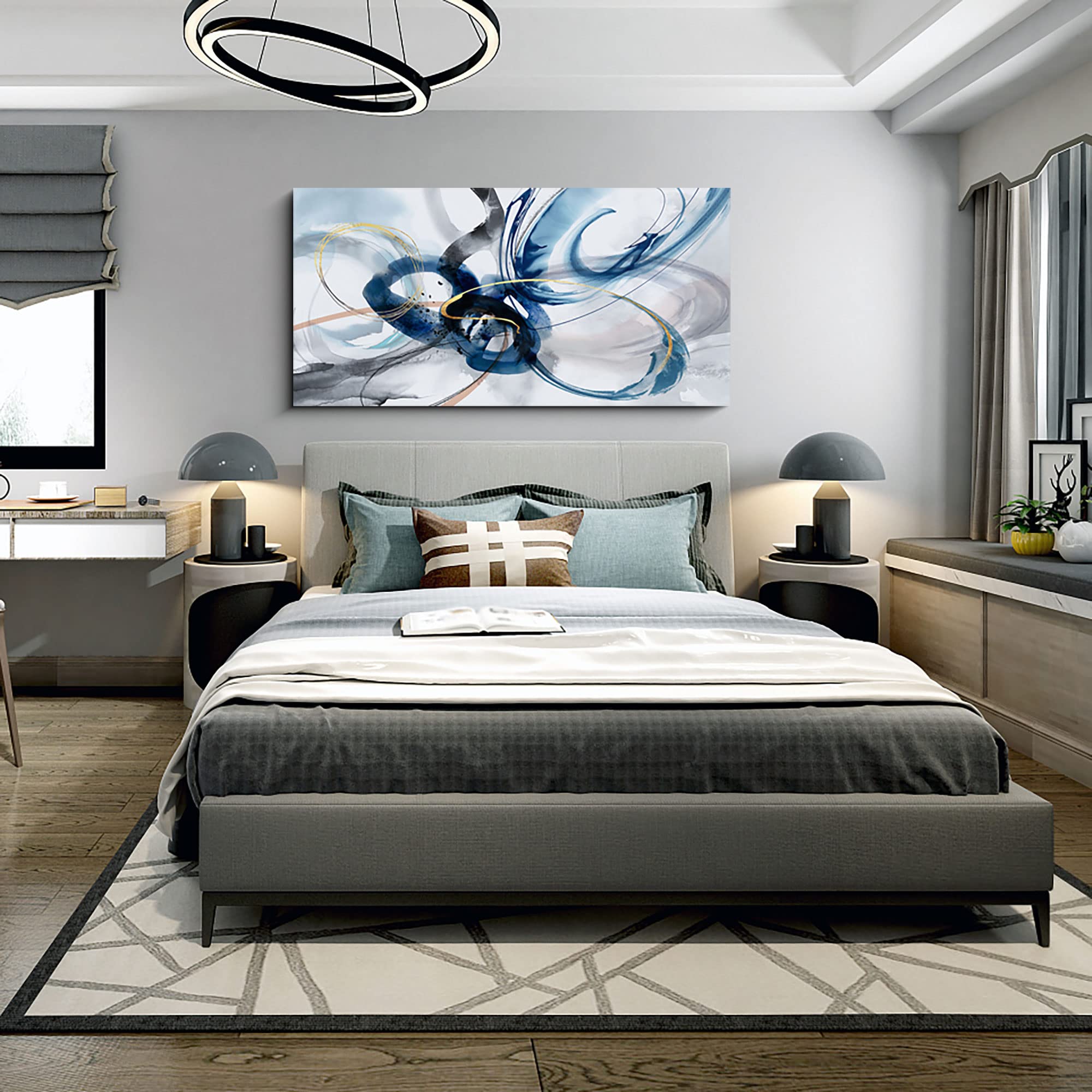 Yiijeah Large Abstract Canvas Art Elegant Combination Of Tones Modern Living Room Wall Decor Black And White Gray Background Blu