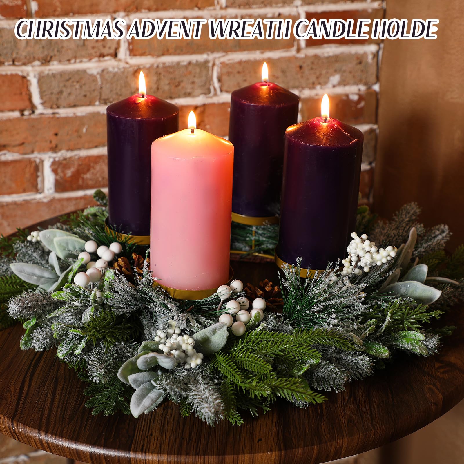 Reallnaive Large Christmas Advent Wreath Candle Holder with Norfolk Pine, Cedar, Mistletoe 19 Inch Rustic Advent Calendar Ring D