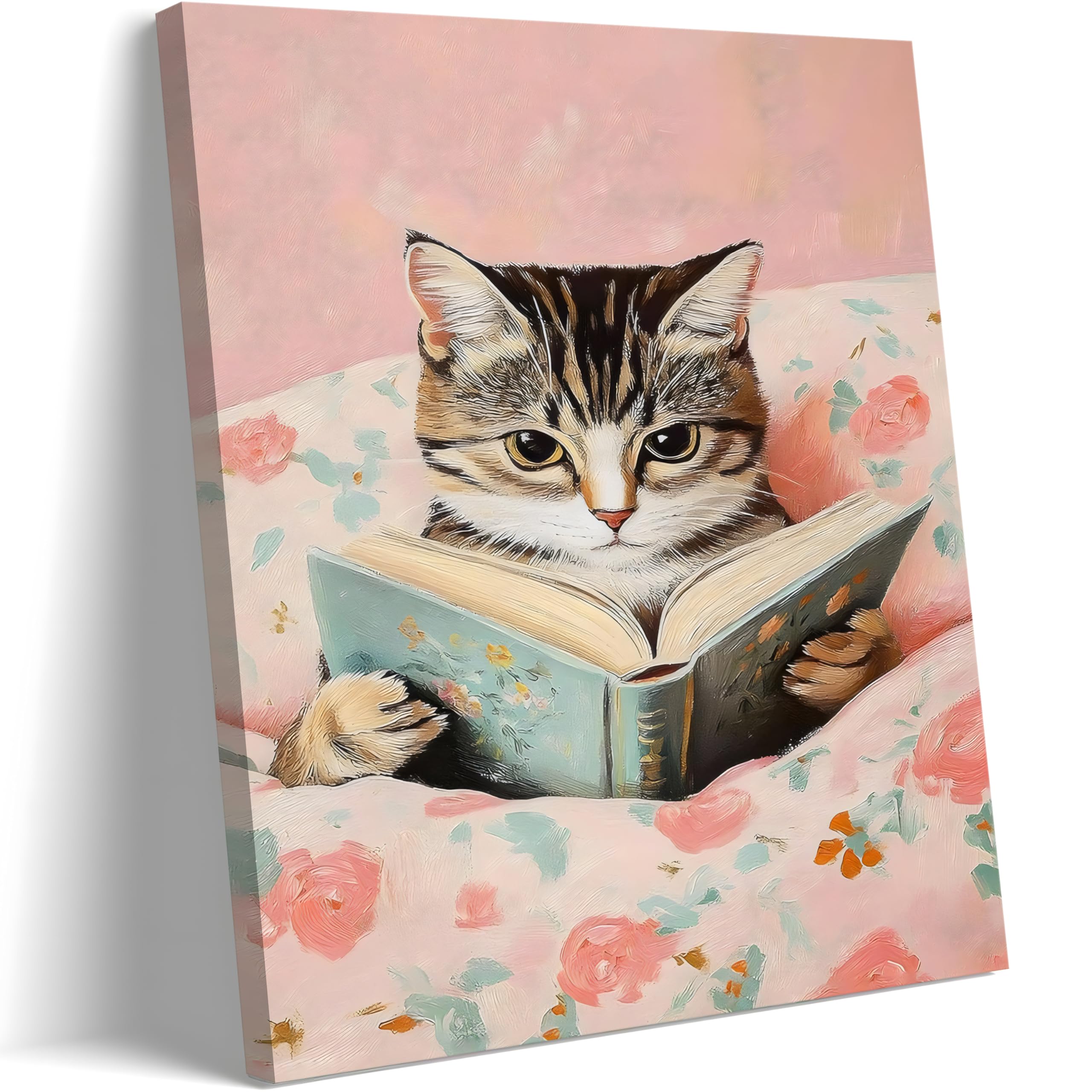 Framed Cat Canvas Wall Art, Funny Animal Pictures, Funny Cat Reading Book Print Poster 12X16 Inch