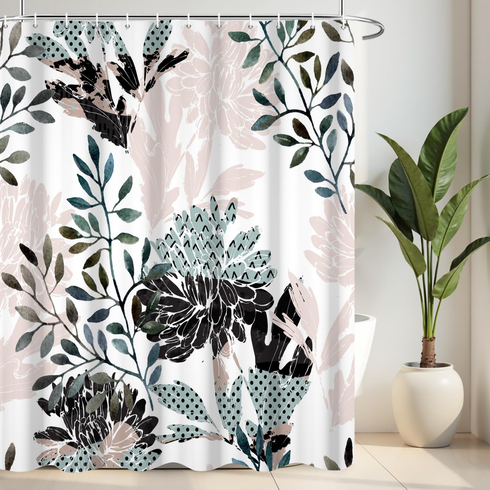 Riepoiia Pink Leaf Shower Curtain For Bathroom, Waterproof Fabric Leaves Bathroom Curtains Washable Tropical Plants Shower Curta