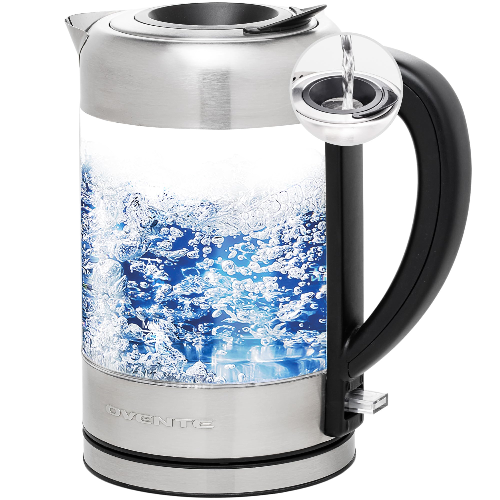 Ovente Glass Electric Kettle Hot Water Boiler 1.7 Liter Prontofill Tech W/ Stainless Steel Filter - 1500W Bpa Free Cordless Inst