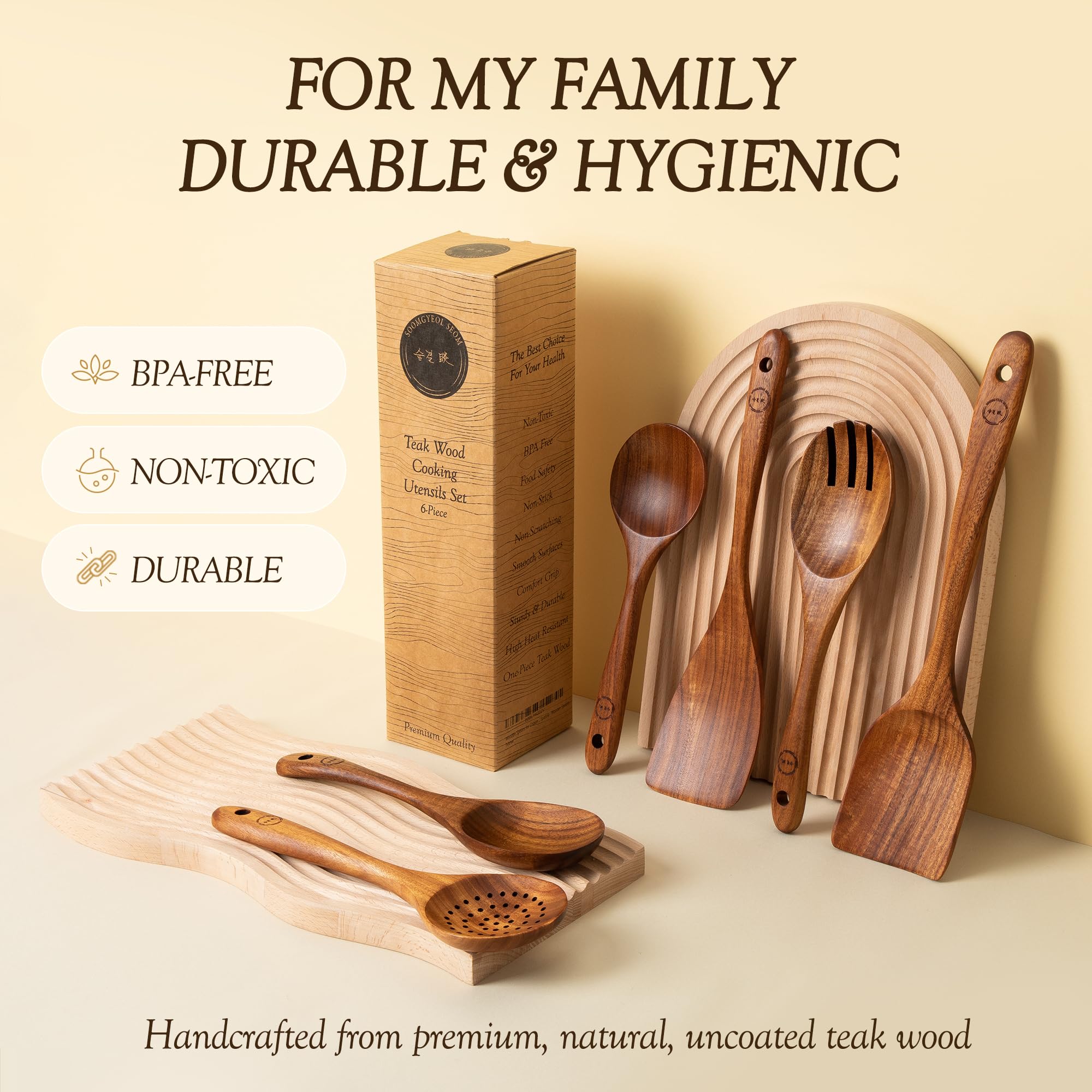 Wooden Spoons For Cooking - 6 Pcs Teak Wood Cookware Utensil Set With Smooth Finish - Non-Stick, Comfortable Grip - Durable, Hea