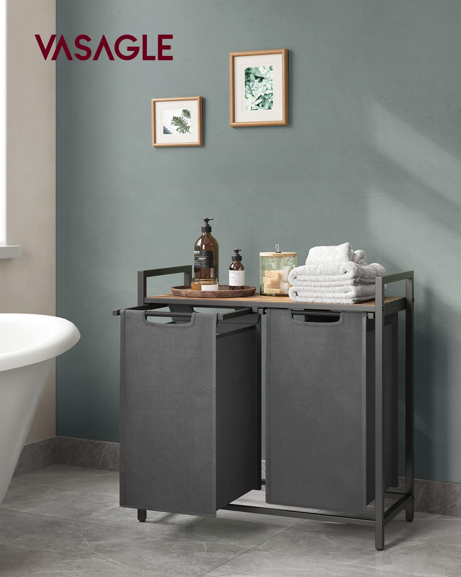 Vasagle Laundry Hamper, Laundry Basket, Laundry Sorter With 2 Pull-Out And Removable Bags, Shelf, Metal Frame, 2 X 12.1 Gallons