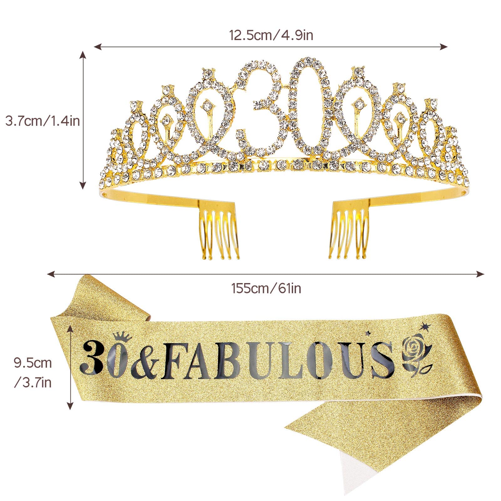 Casoty 30th Birthday Celebration Set - Gold Sash, Tiara & Decorations, 4.9"x1.6", Alloy Metal, Perfect for Her Milestone Celebration