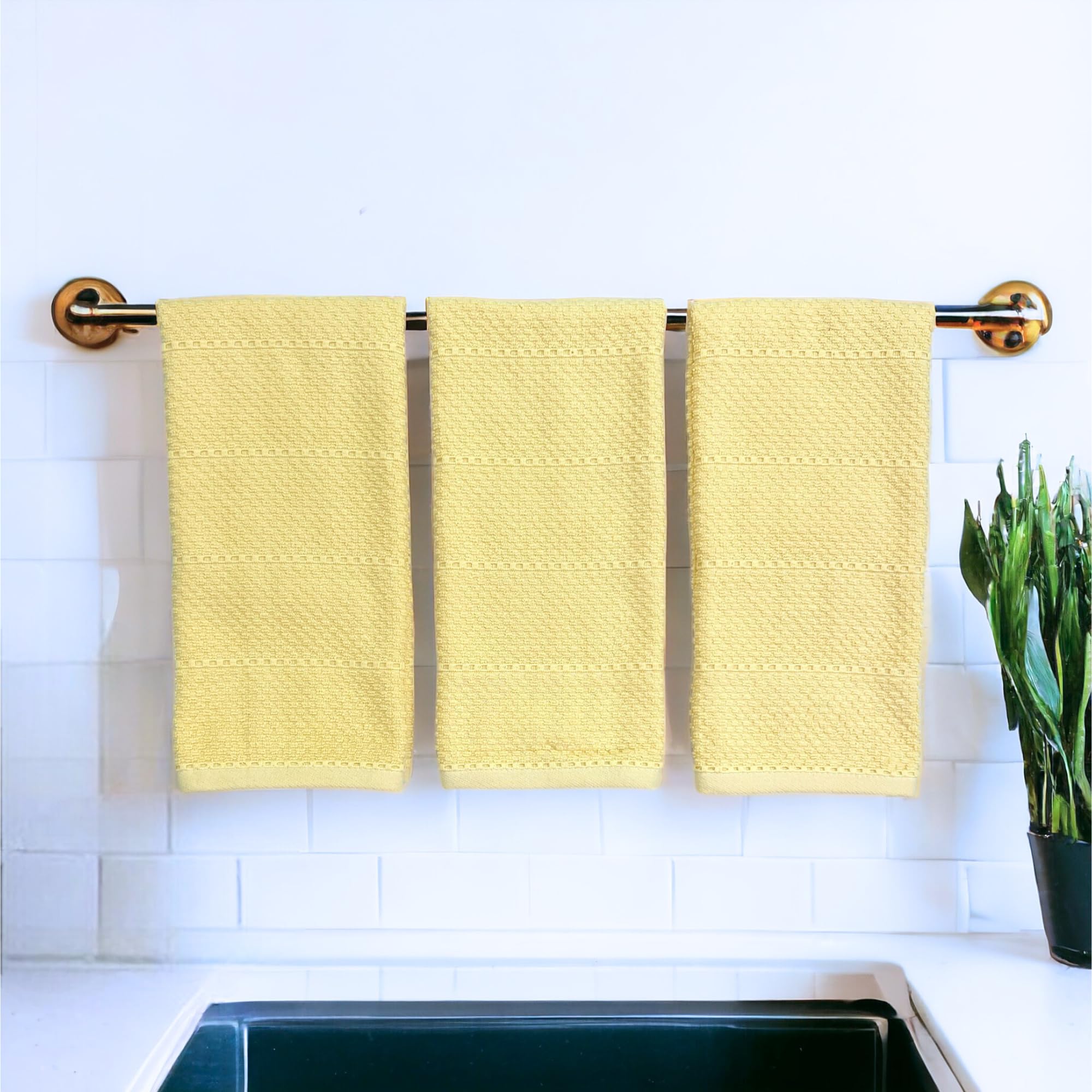 Serafina Home Light Butter Yellow Kitchen Towels, 100% Cotton, 28" x 18", Set of 3, Absorbent, Soft, Textured Design