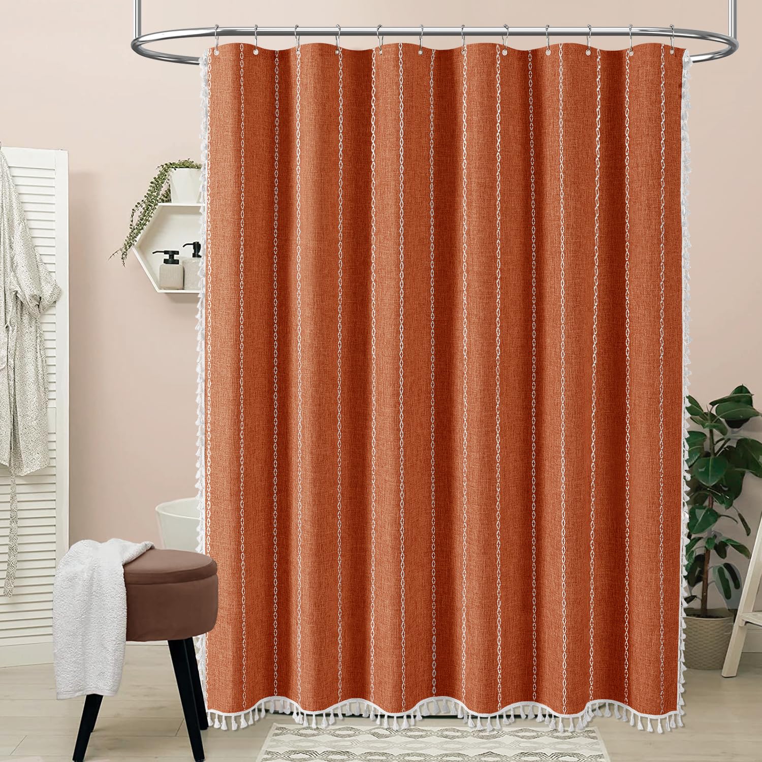 Bttn Extra Long Shower Curtain, 96 Inch Boho Rustic Striped Fabric Shower Curtain Set With Tassel, Water Repellent, Tall Farmhou