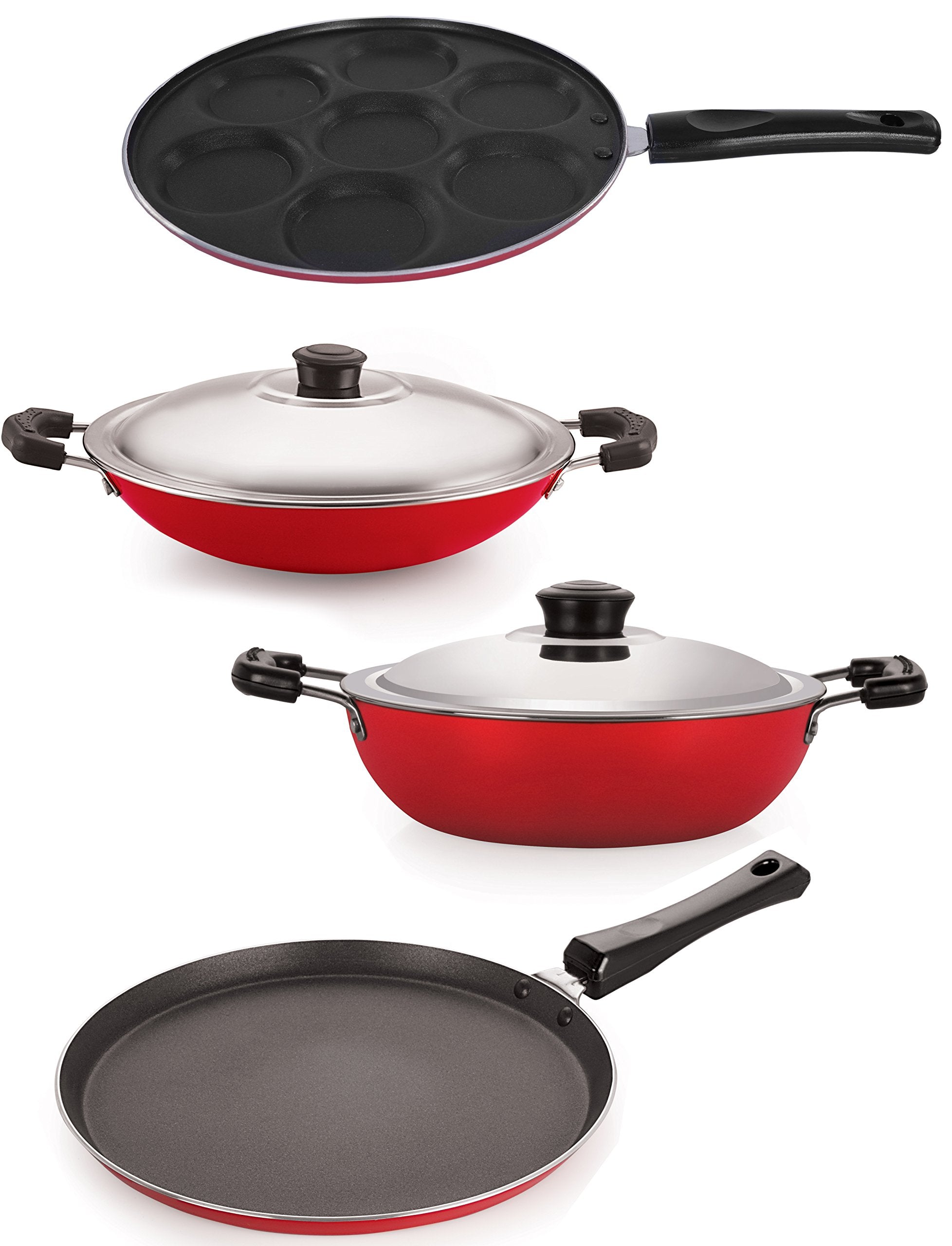 Nirlon NonStick Aluminium Cookware Set, 4Pieces, Red (26_Ft12_Dkdm_Ch_Up)