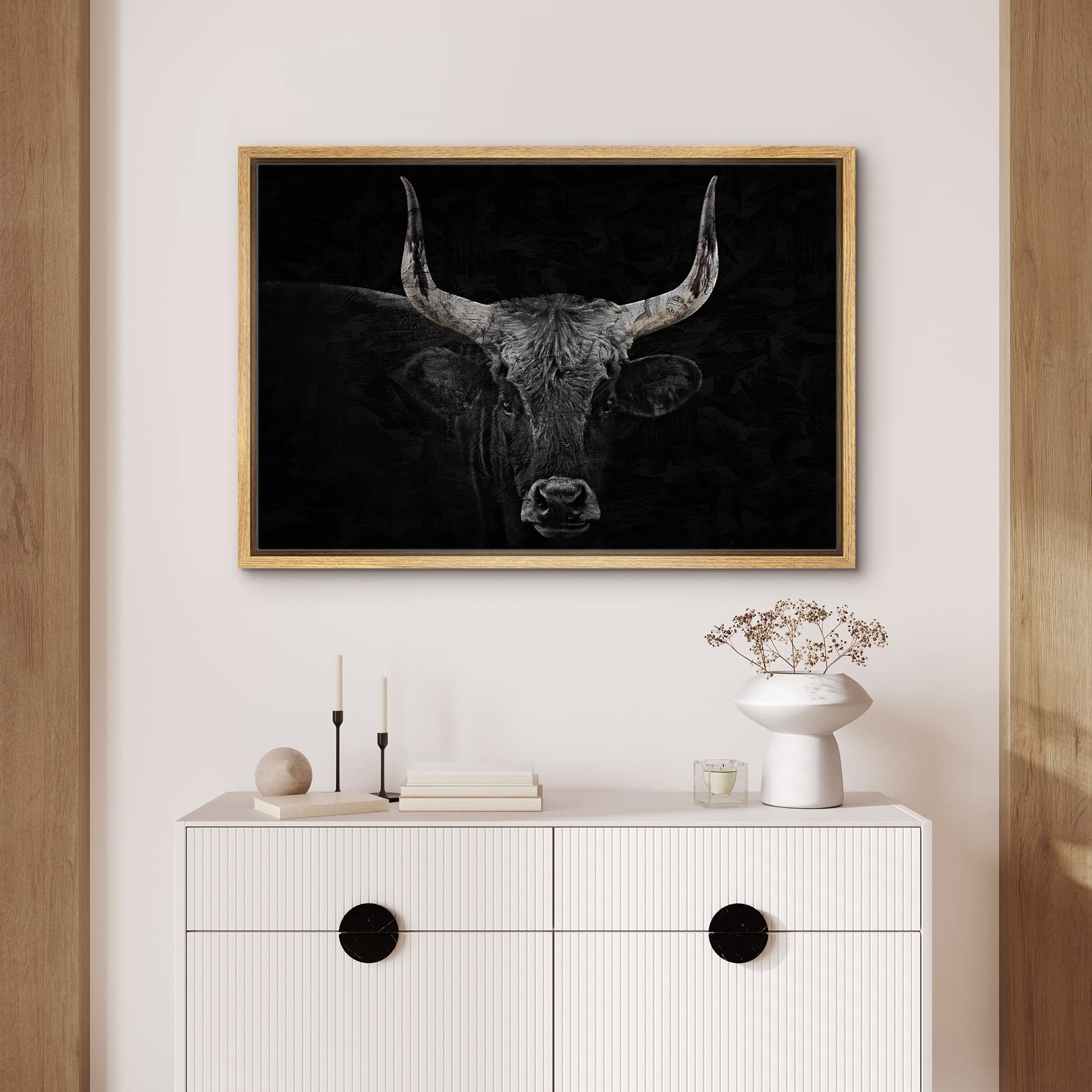 Signford Framed Canvas Print Wall Art Bull Portrait Cow Head Realism Farmhouse Country Southwest Texas Nature Wilderness Animals