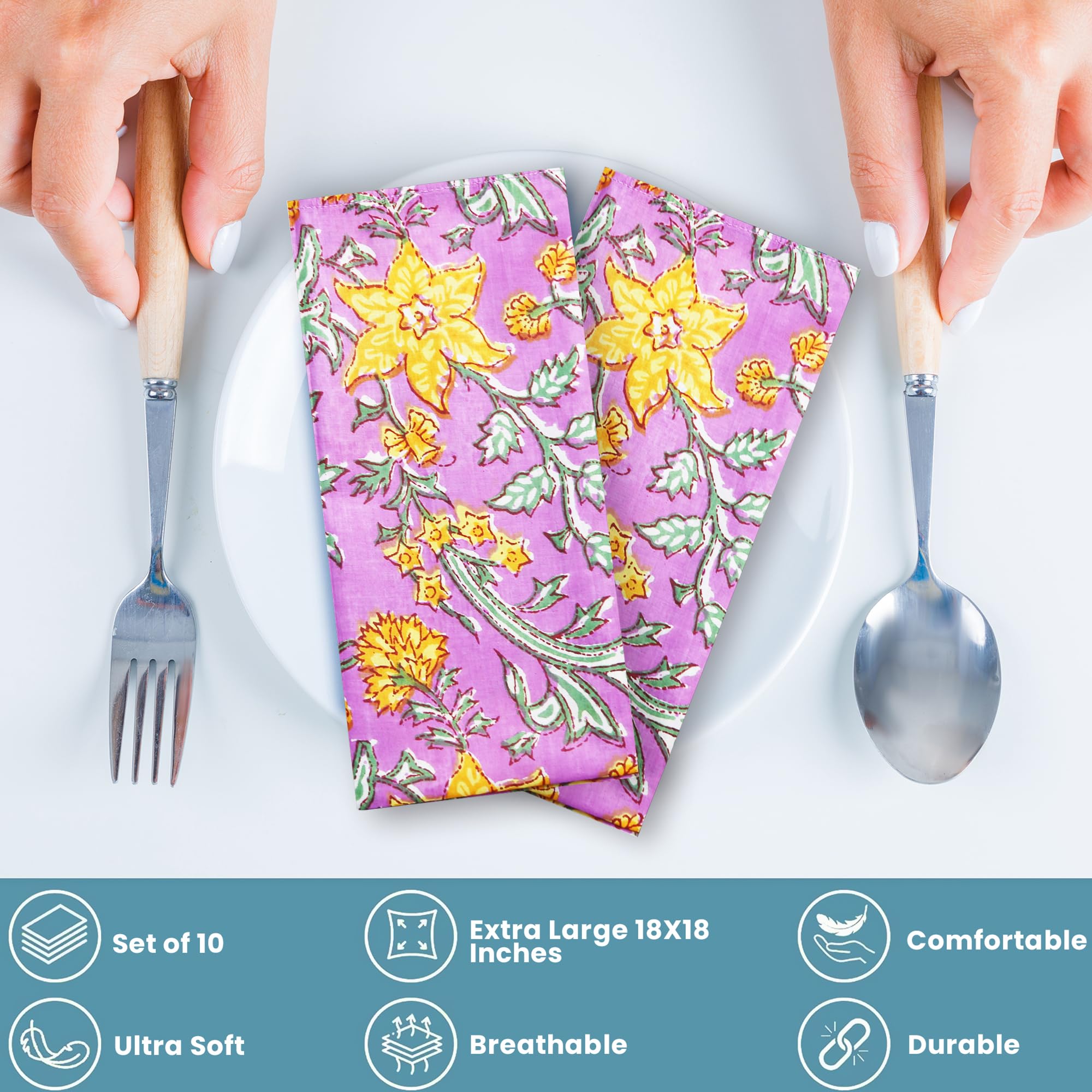 Cloth Napkins Set Of 10 Hand Block Print 100% Cotton Washable Absorbent Handkerchiefs For Dinner Parties, Weddings, Christmas, T