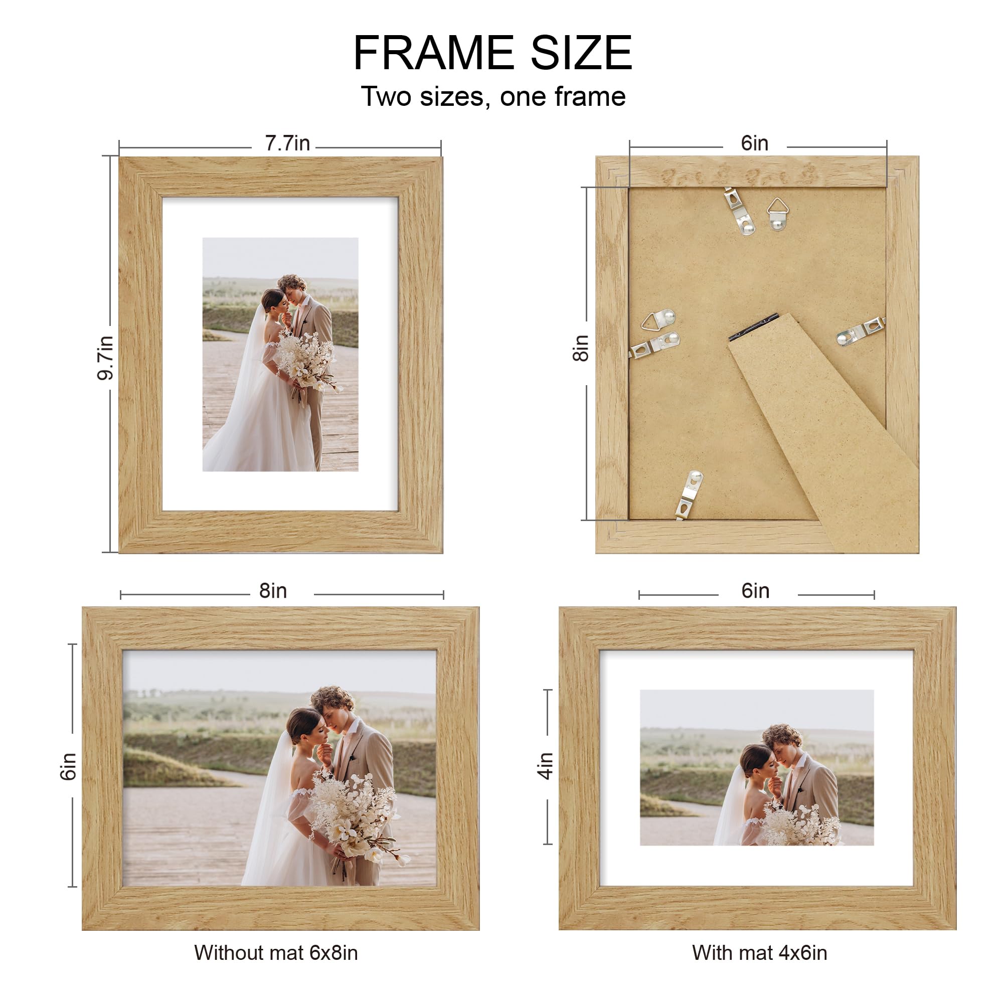 Hongkee 6x8 Picture Frame Set of 4, Made of Real Glass and Natural Oak Frame - Display Picture 4x6 with Mat or 6x8 Without Mat,