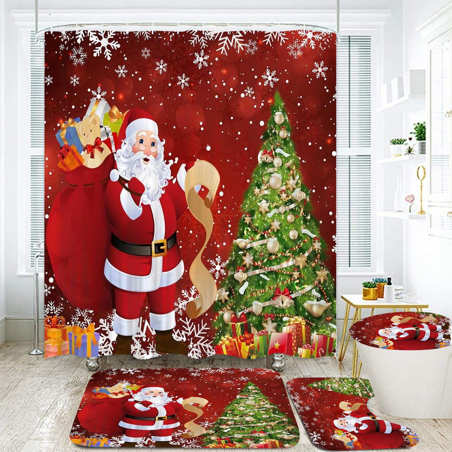 NBVKO 4PCS Christmas Santa Claus Snow Red Shower Curtain,with Non-Slip Rugs,Toilet Lid Cover and Bath Mat,Christmas Tree Bathroo
