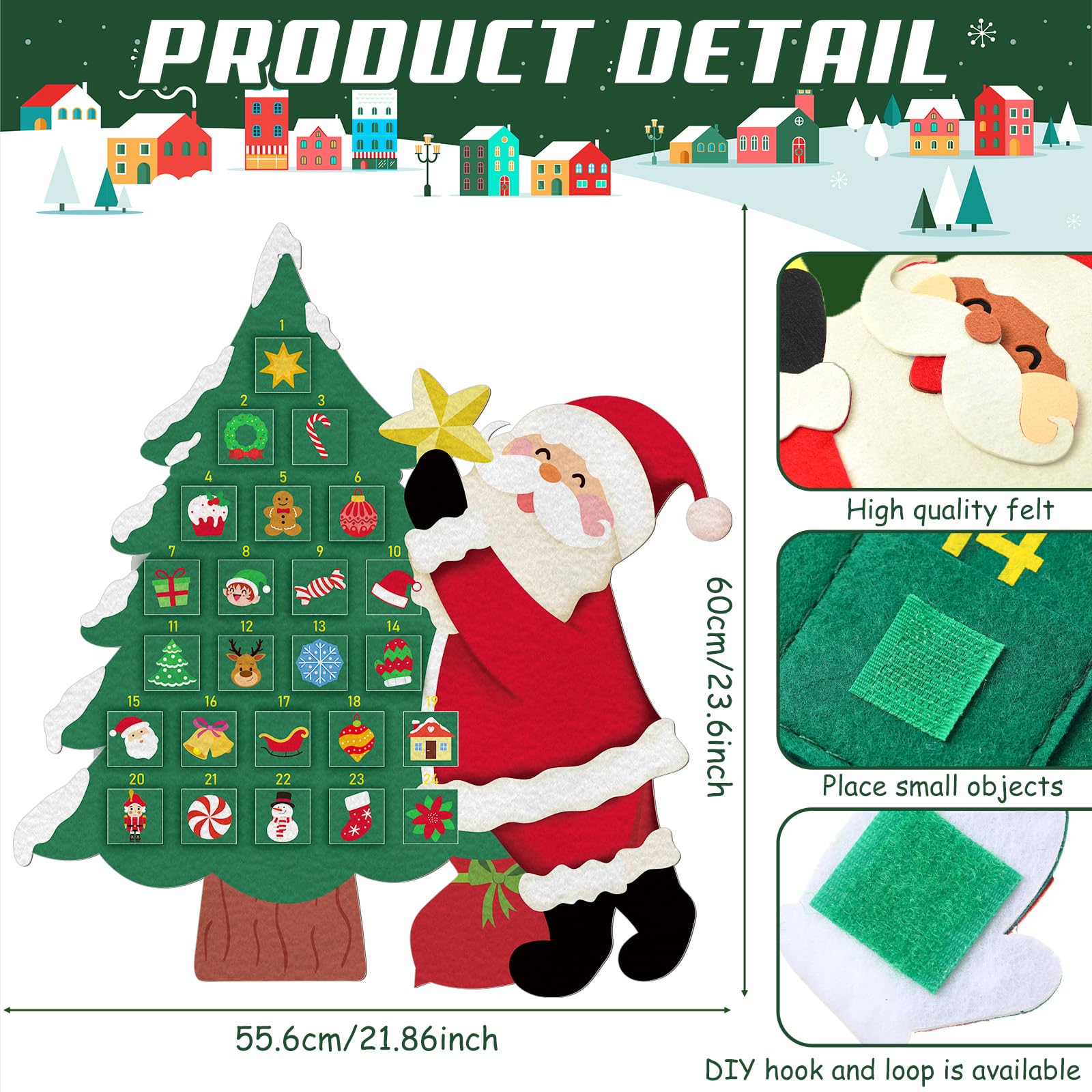 Watersay Christmas Tree Advent Calendar Felt Christmas Tree for Kids Countdown to Xmas with 24 Pockets Countdown Calendar Reusab