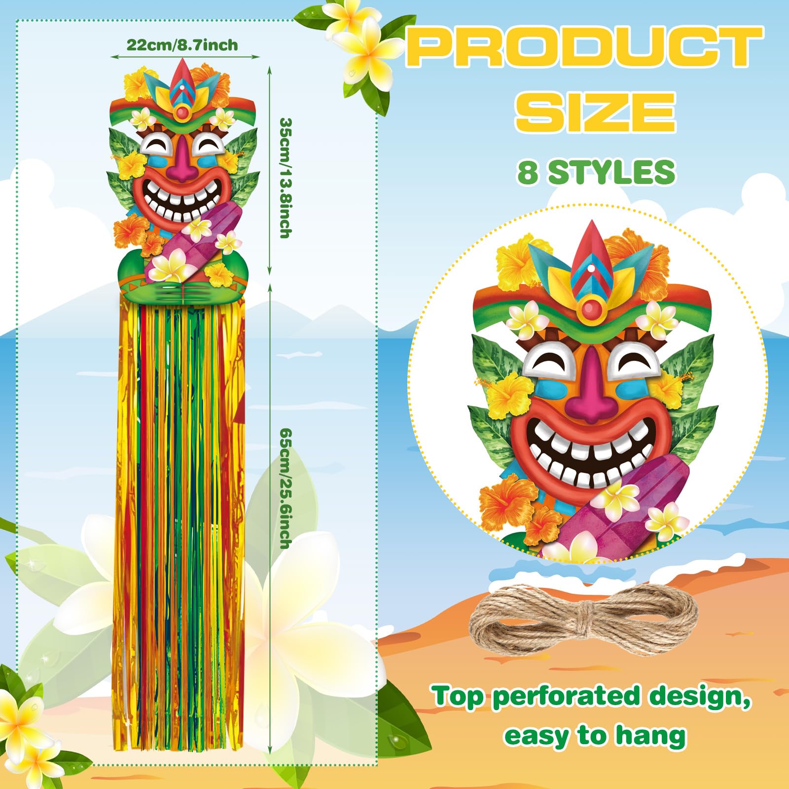 Affrolling 8 Pcs Hawaiian Luau Party Decoration Tiki Totem Hanging Decorations with Tassels for Aloha Hawaii Luau Tropical Birth