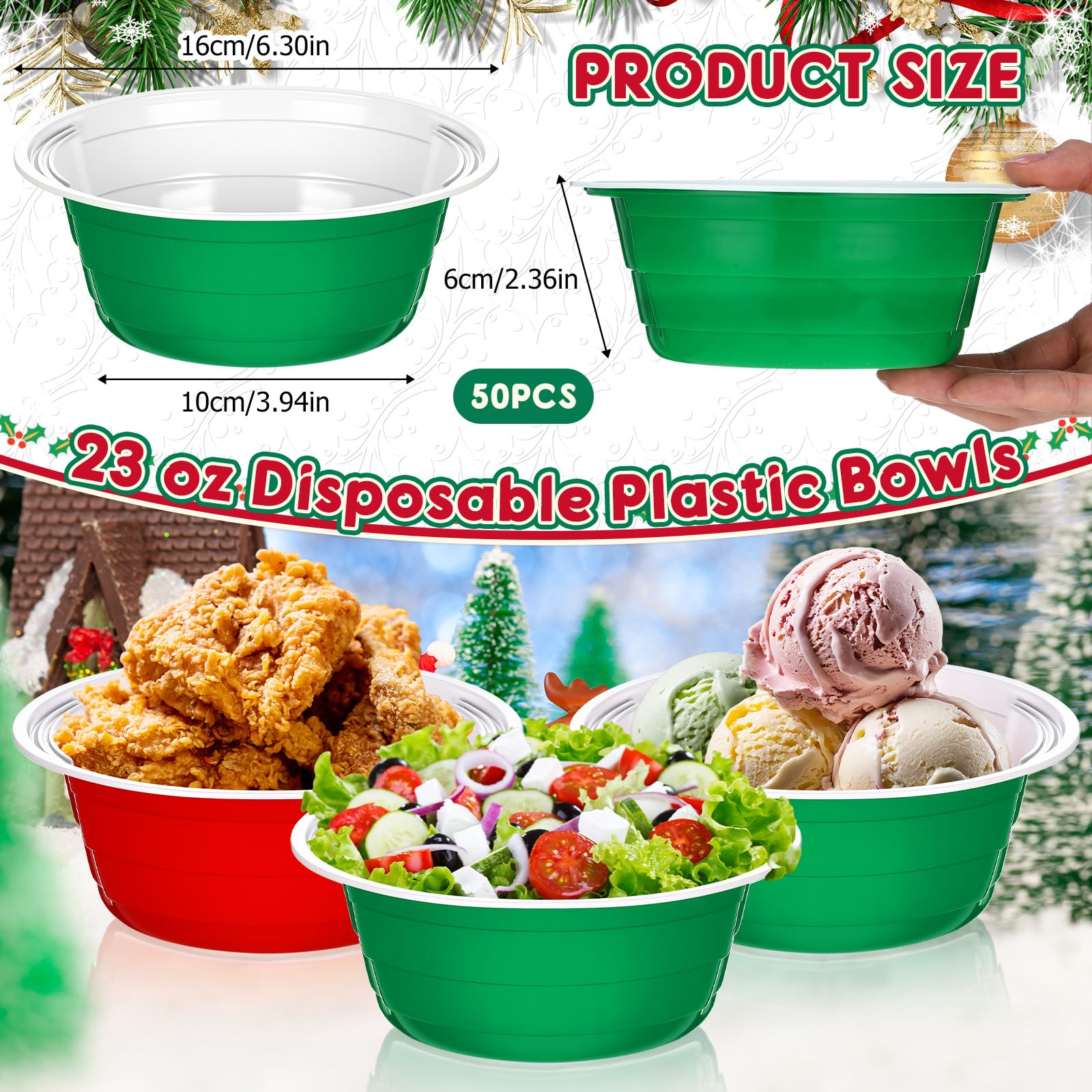 Baderke 50 Pcs Christmas Party Cup Bowls, 23 oz Disposable Plastic Bowls for Snacks, Salads and Desserts for Birthday, Thanksgiv