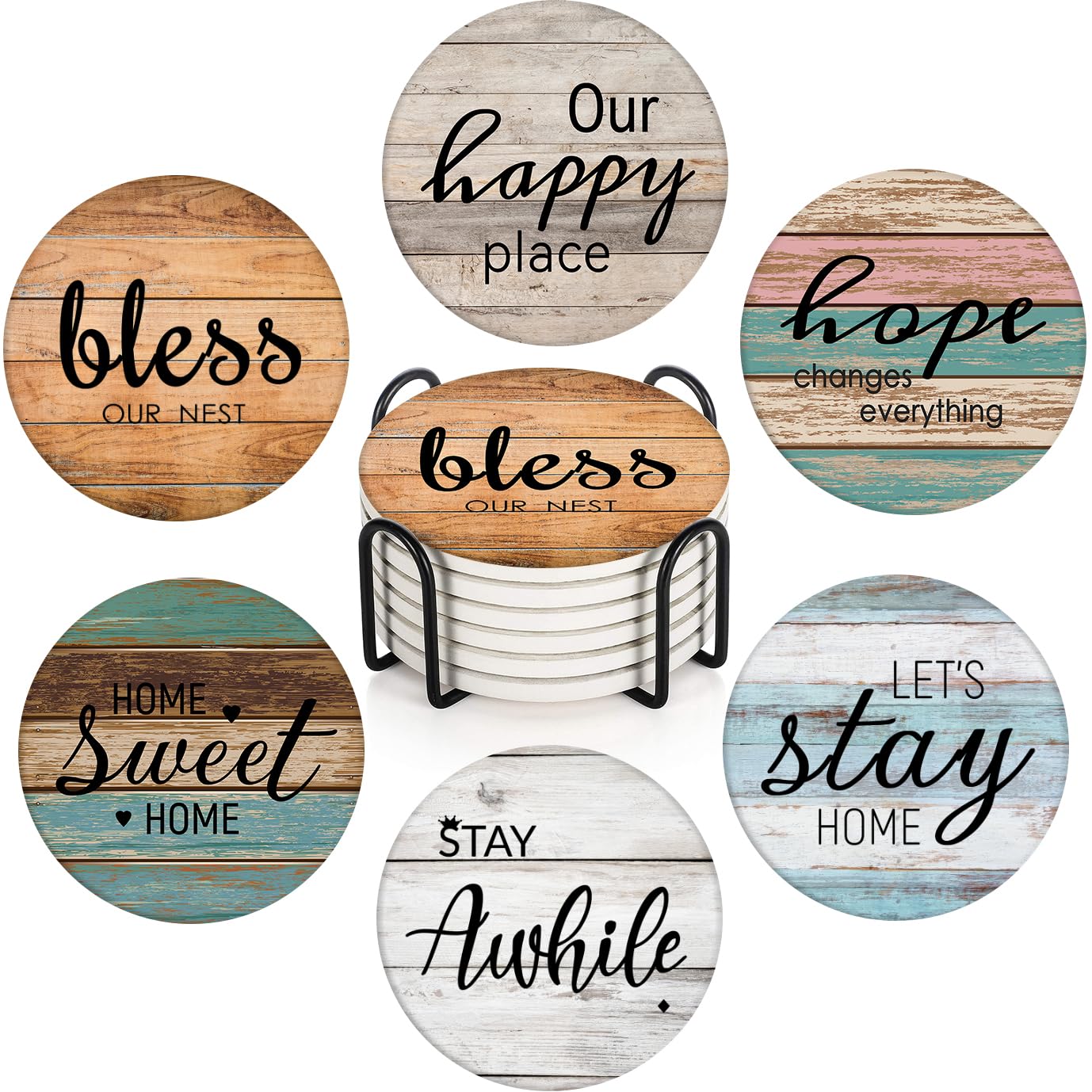 Britimes Coaster For Drinks Set Of 6, Wooden Planks Wood Paint Table Absorbent Round Ceramic Stone Mat, With Cork Base And Metal