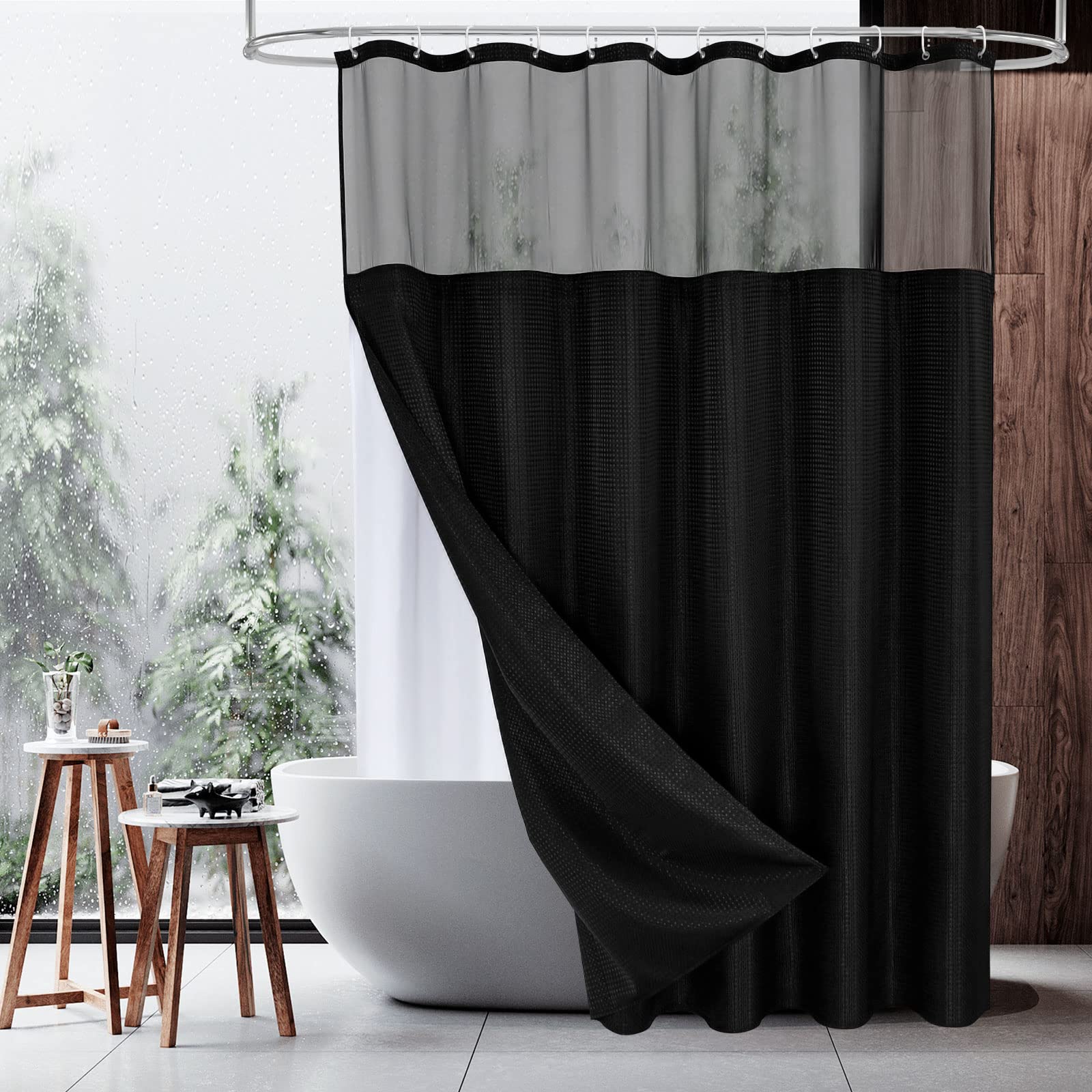 Mitovilla Black Waffle Shower Curtain Set With Snap-In Liner, Modern Waffle Weave Fabric Shower Curtain, Luxury Heavyweight Clot