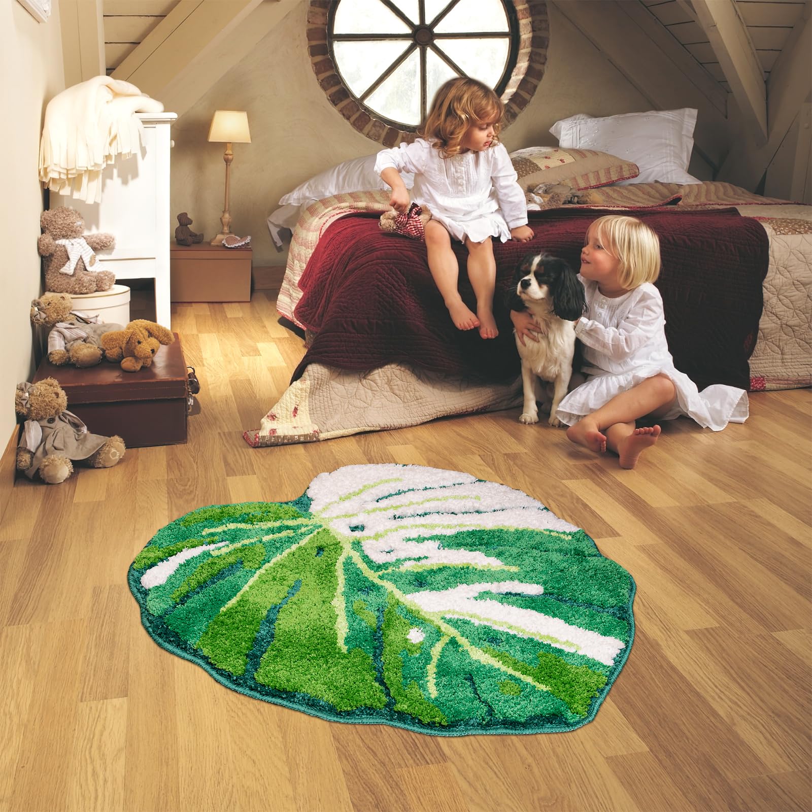 Sisher Green Leaf Bathroom Rug Large Monstera Rug Kids Rug Green Leaf Area Rug Non Slip Comfortable Carpet For Bedroom Bathroom