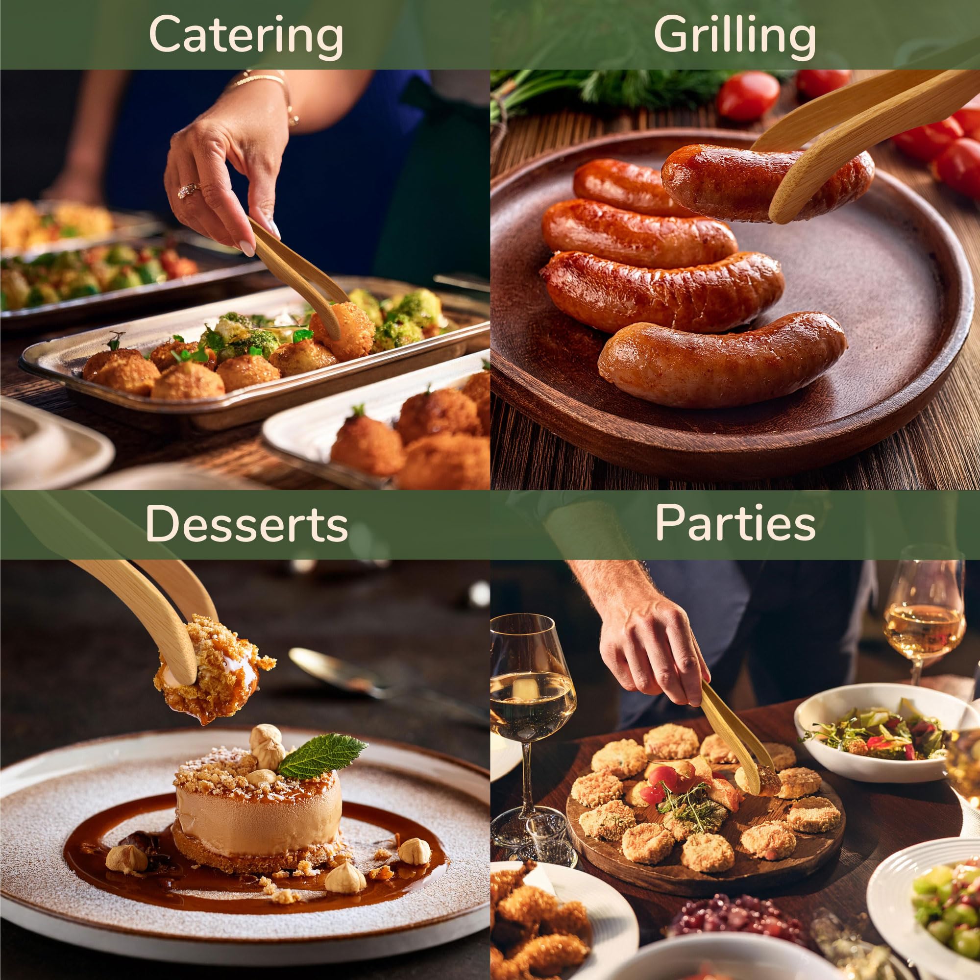 Bamboomn 7'' Reusable Bamboo Toast Tongs, Curved Arms, Carbonized Brown - 3 Pieces