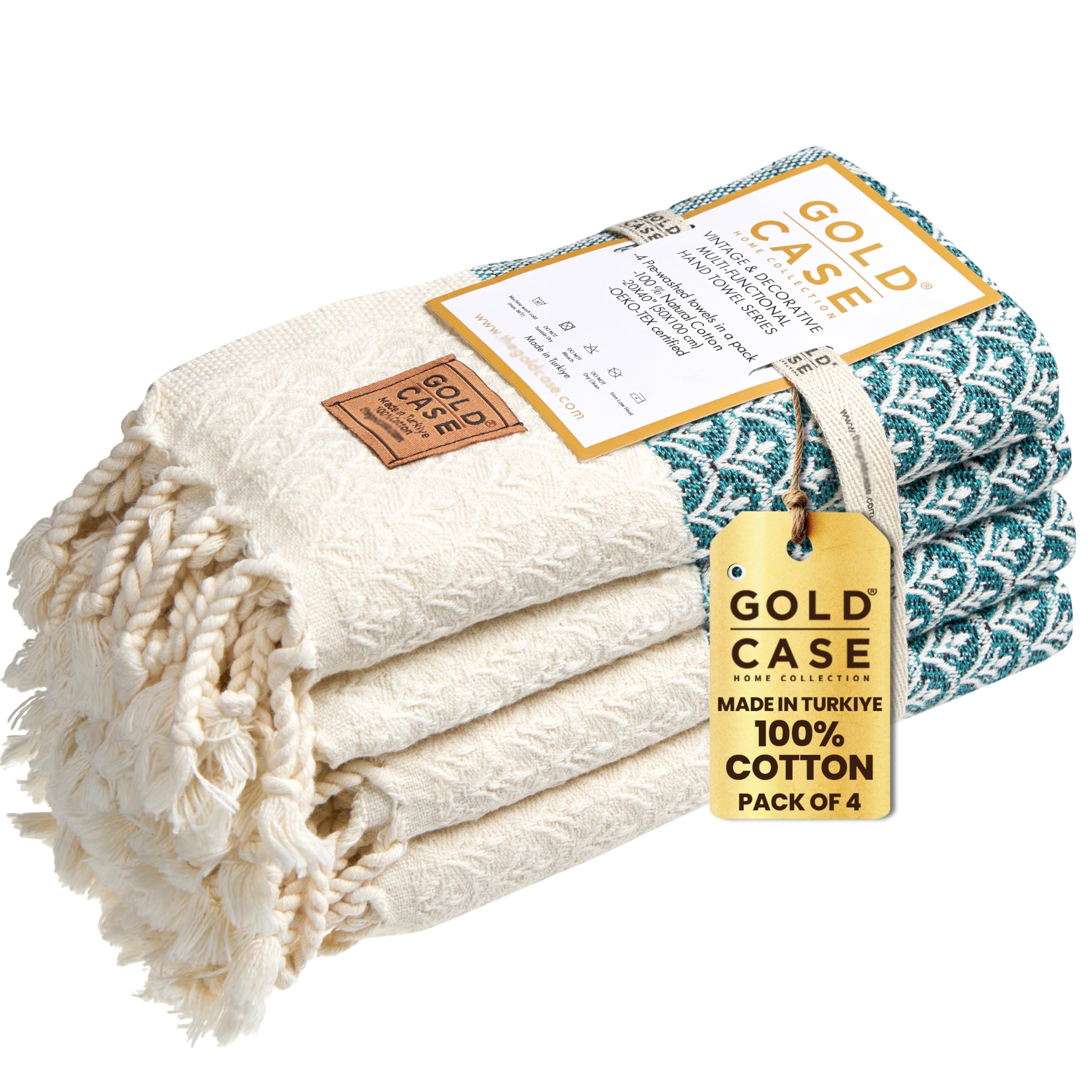 Helen Original Turkish Hand Towels by Gold CASE - Set of 4-20x40 100% Cotton Decorative Towel - Bathroom and Kitchen Peshtemal for Hand  Face  Hair  SPA  Farmhouse  Gym  Tea and Dishcloth  Teal