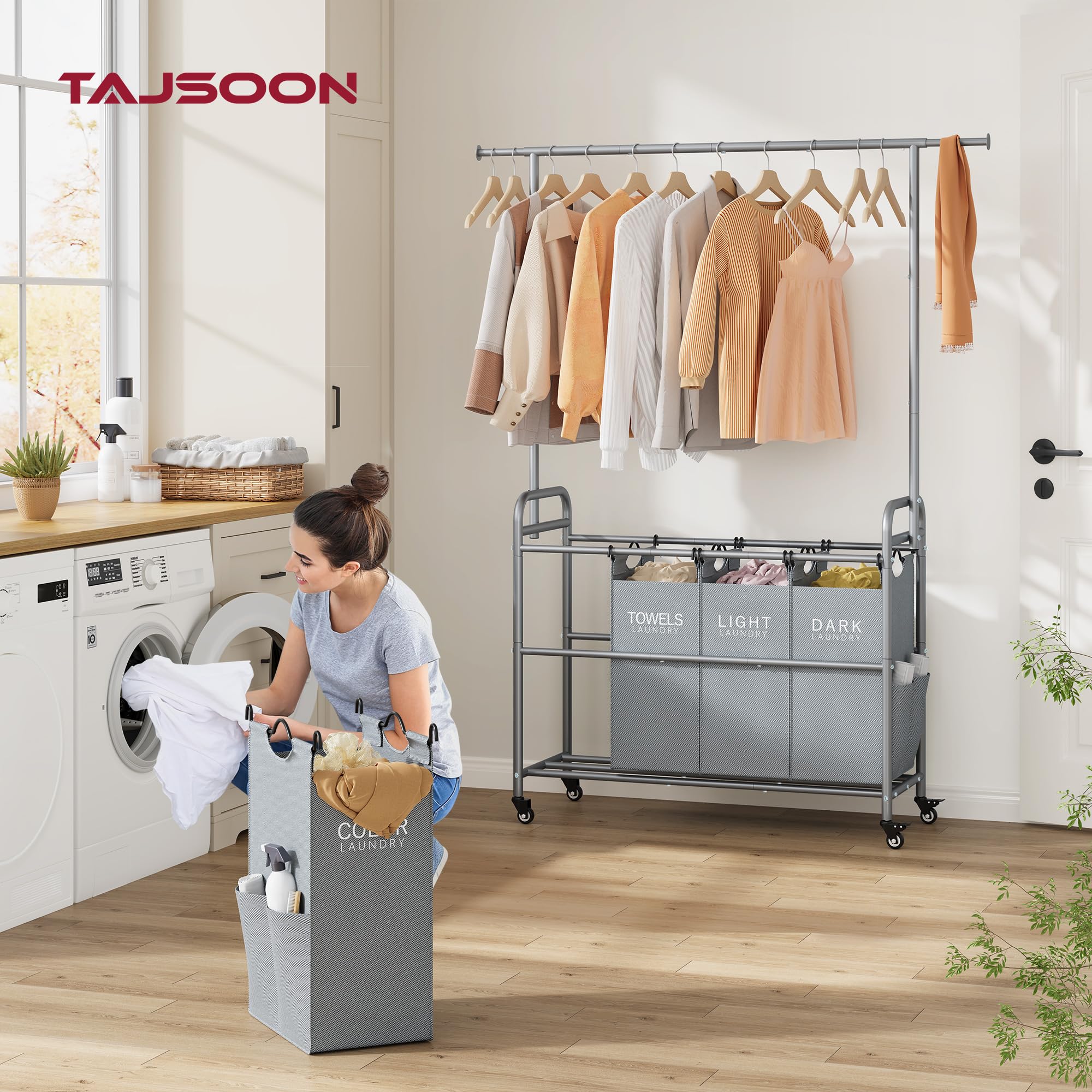 Tajsoon Laundry Sorter With Hanging Bar, 4 Section Rolling Laundry Hamper With Heavy Duty Lockable Wheels, Laundry Sorter Cart F