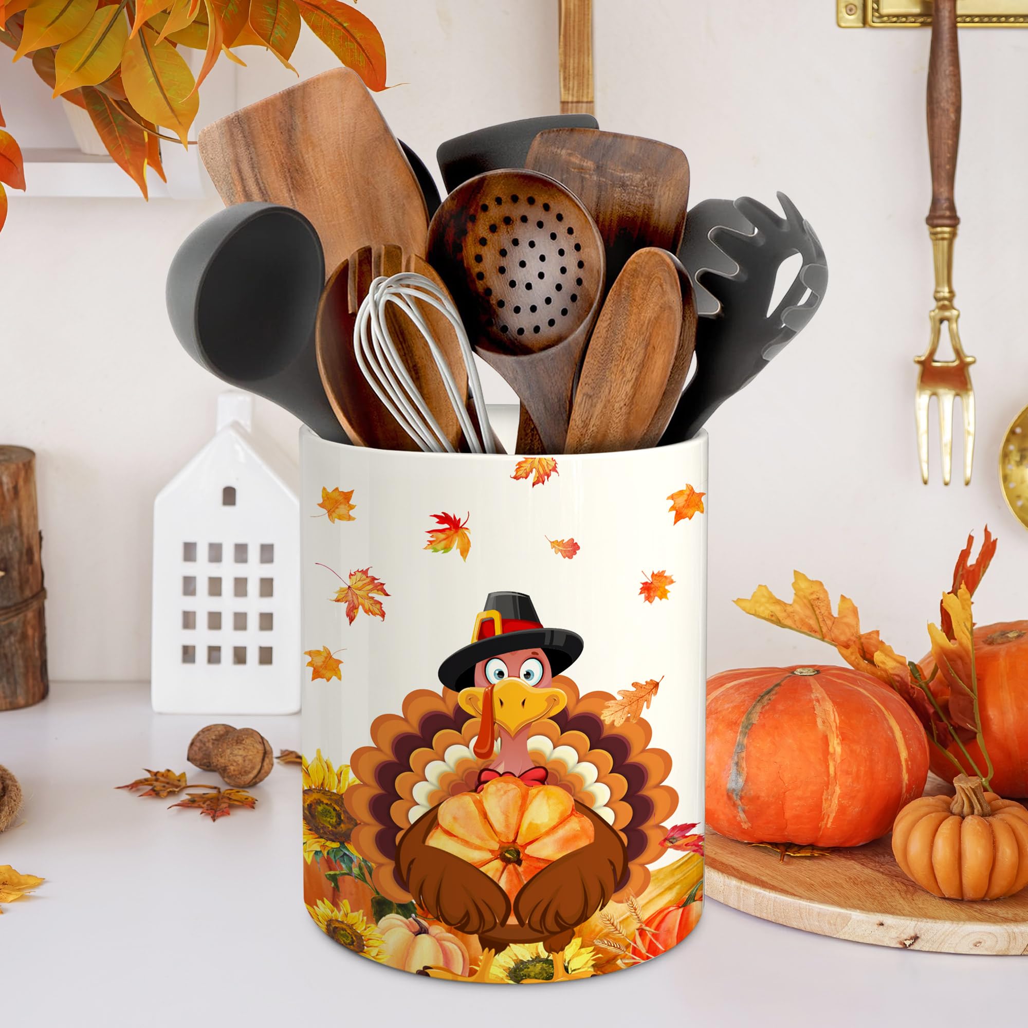 pinata Thanksgiving Kitchen Decor Ceramic Utensil Holder, Cute Thanksgiving Turkey Utensils Holder, Ceramic Utensils Crock for R