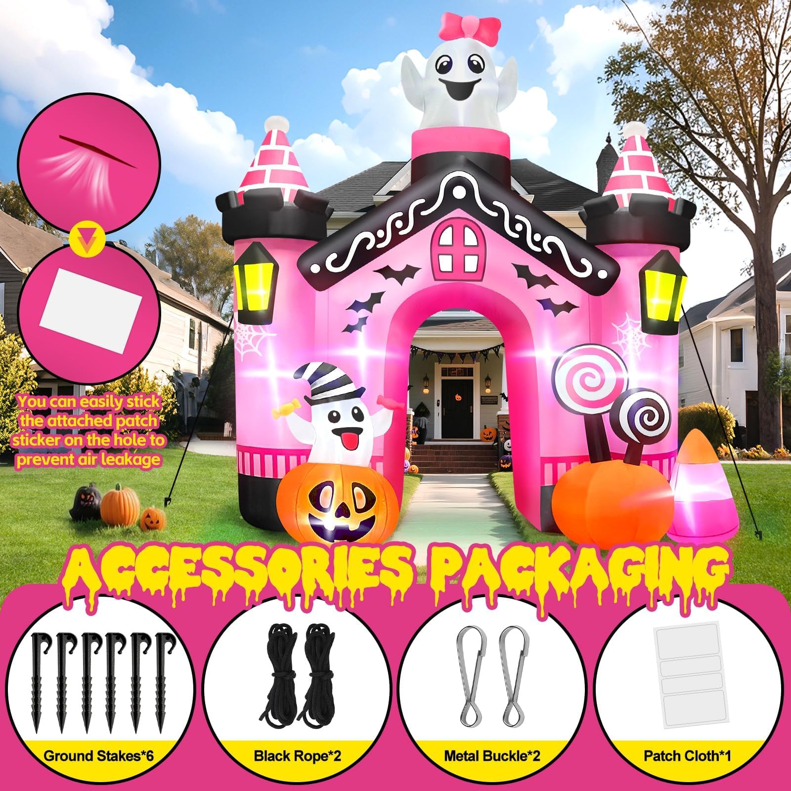 Kalolary 11 FT Halloween Inflatables Ghost Archway Outdoor Decorations, Pink Castle Arch Blow Up Yard Decorations Scary Inflatab