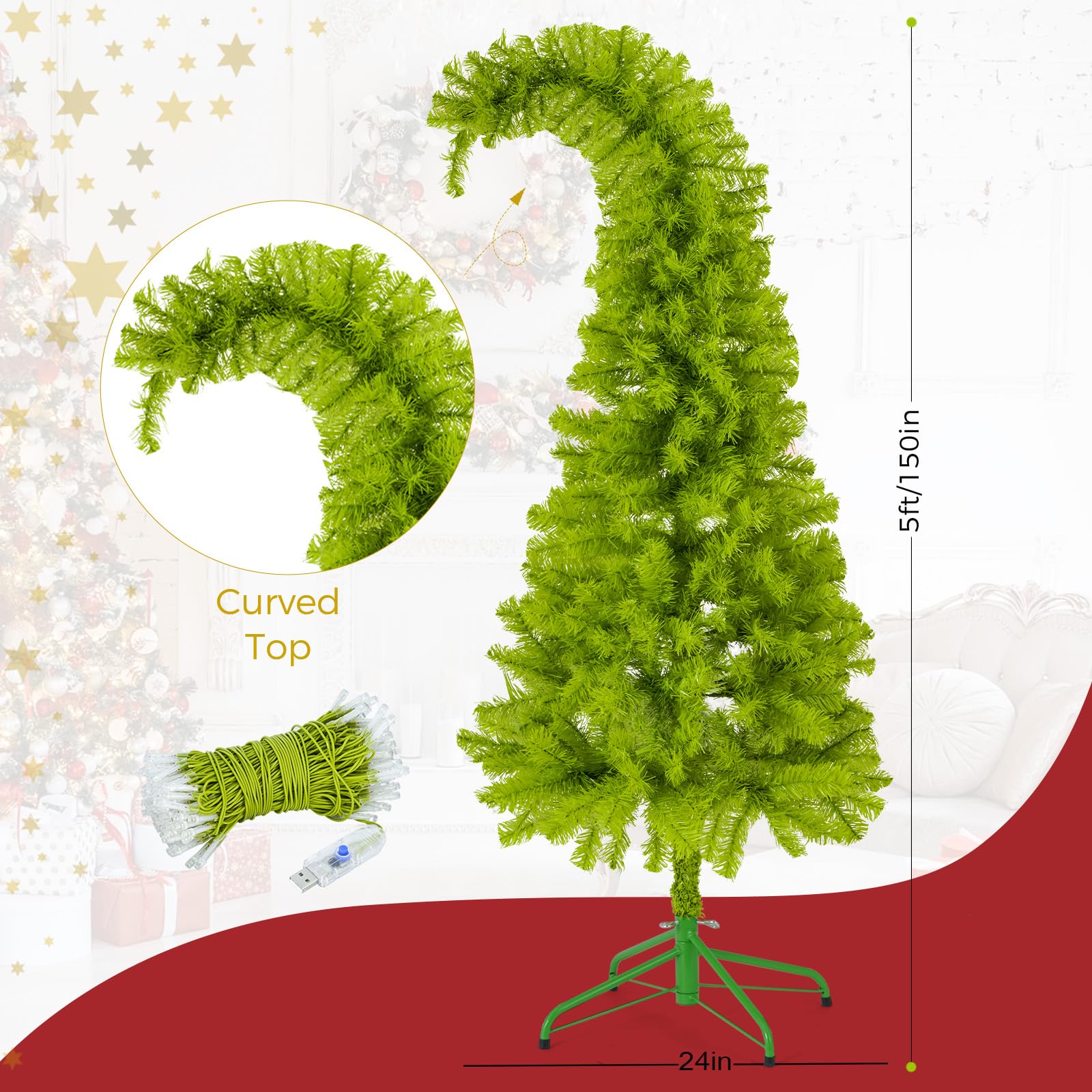 5ft Whimsical Christmas Tree with LED Lights - Artificial Christmas Tree with Timer & 8 Lighting Modes for Indoor Home Living Ro