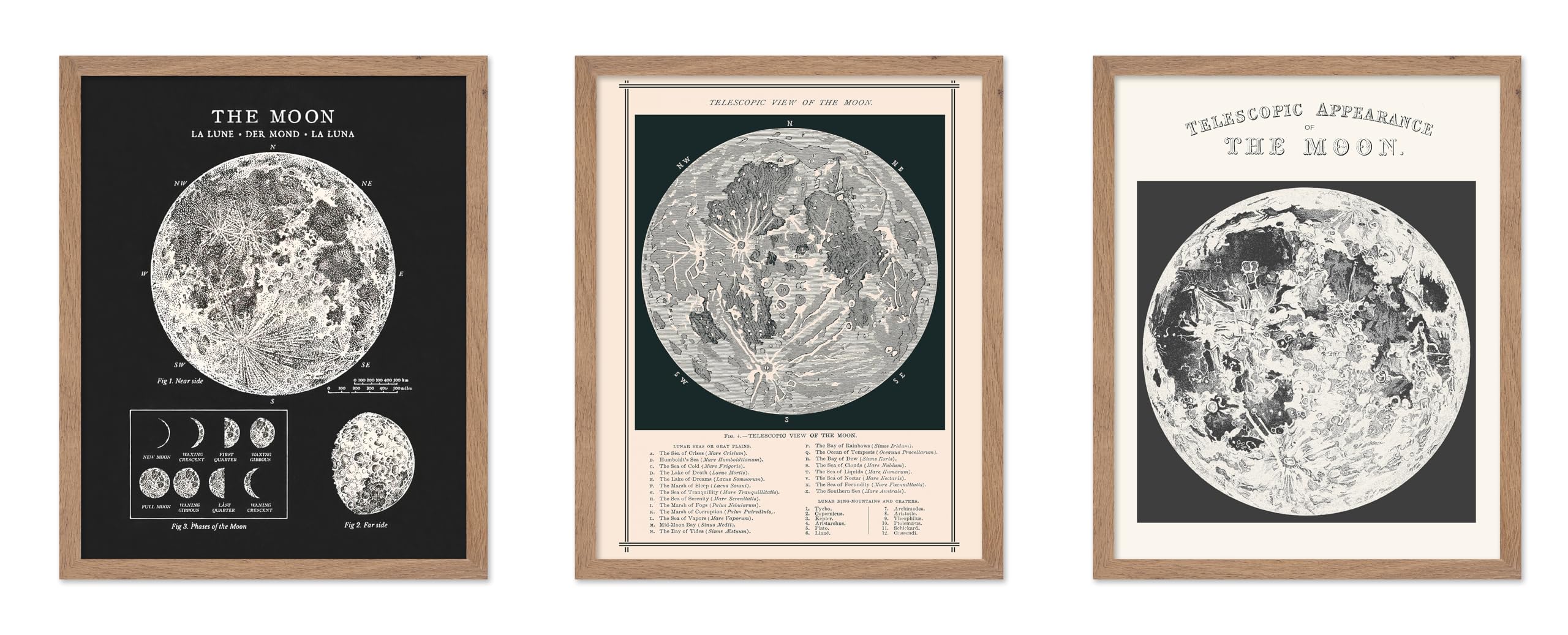 Poster Master 3-Piece Moon Wall Art Set - Lunar Home Decor, Astrological Room Decoration Poster, Black & White Moon Design, Gift