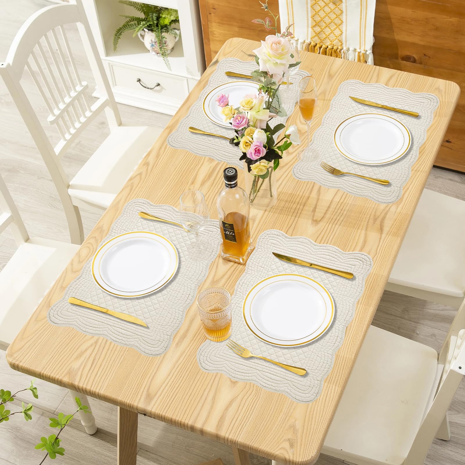 Mabozoo 100% Cotton Quilted Placemats Set Of 6,Washable Cloth Table Placemats For Kitchen & Dining Table,Rectangular Linen Color