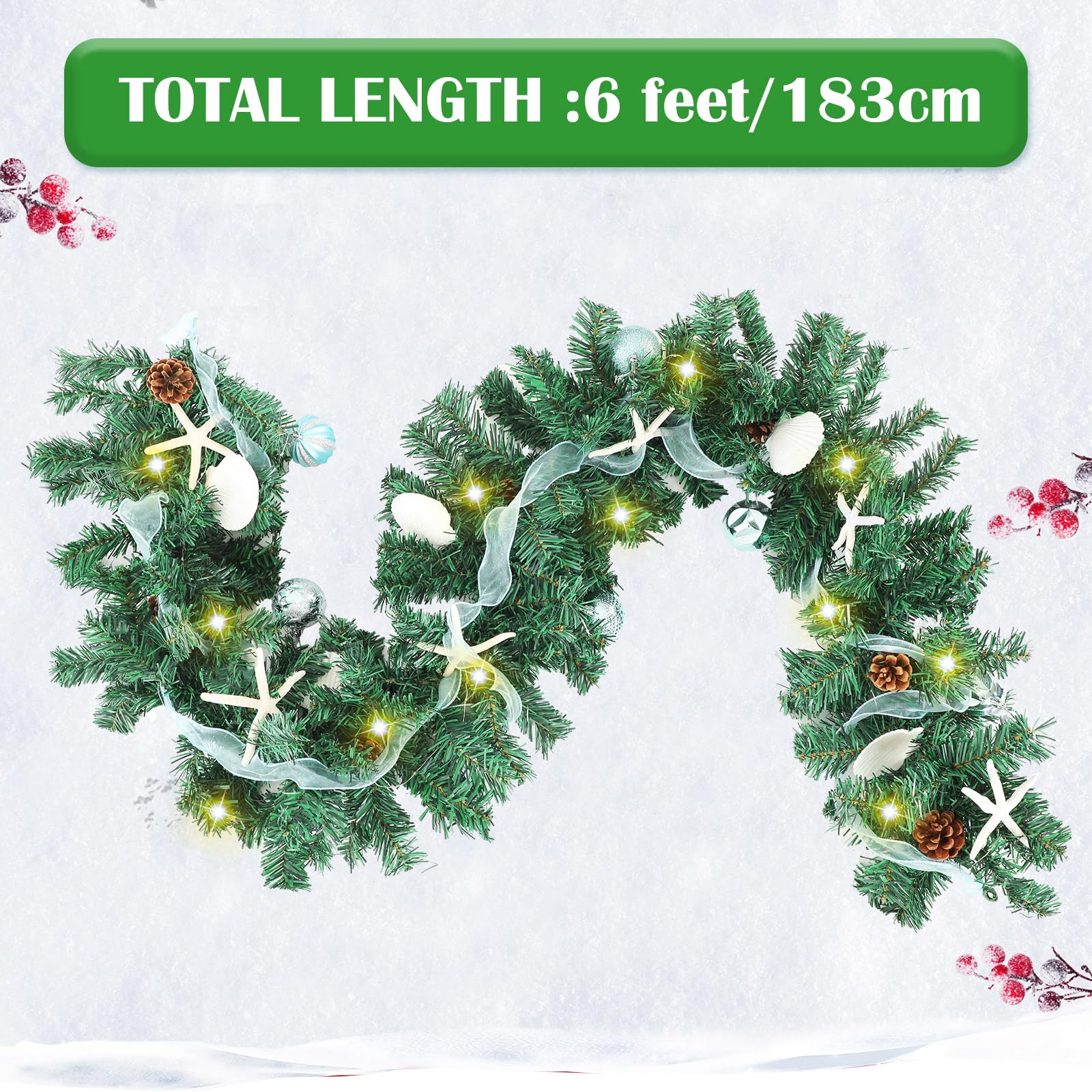 Soulchen 6 ft Pre-lit Christmas Coastal Garland Seaside Beach Themed Garland with Scallop Shells, Starfish Ornaments for Xmas Ho