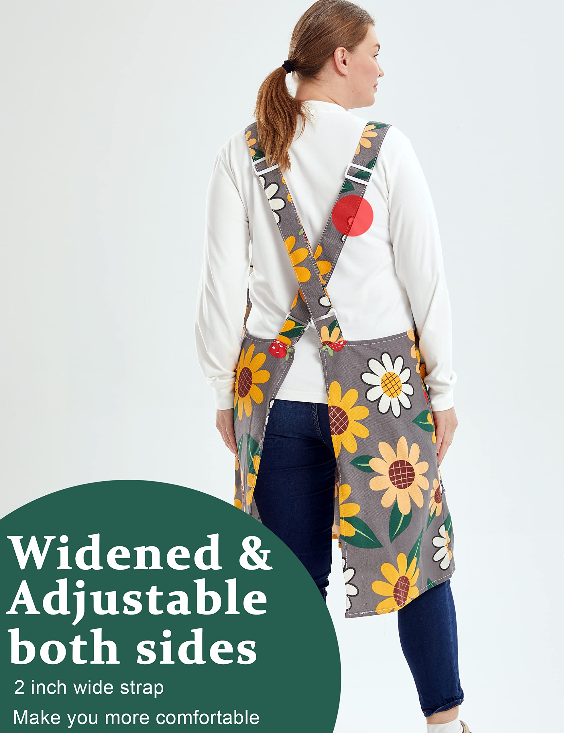 APRONNER Cross Back Plus Size Linen Aprons for Women with Pockets Blend Dress for Baking Cooking Gardening Works Sun Flowers