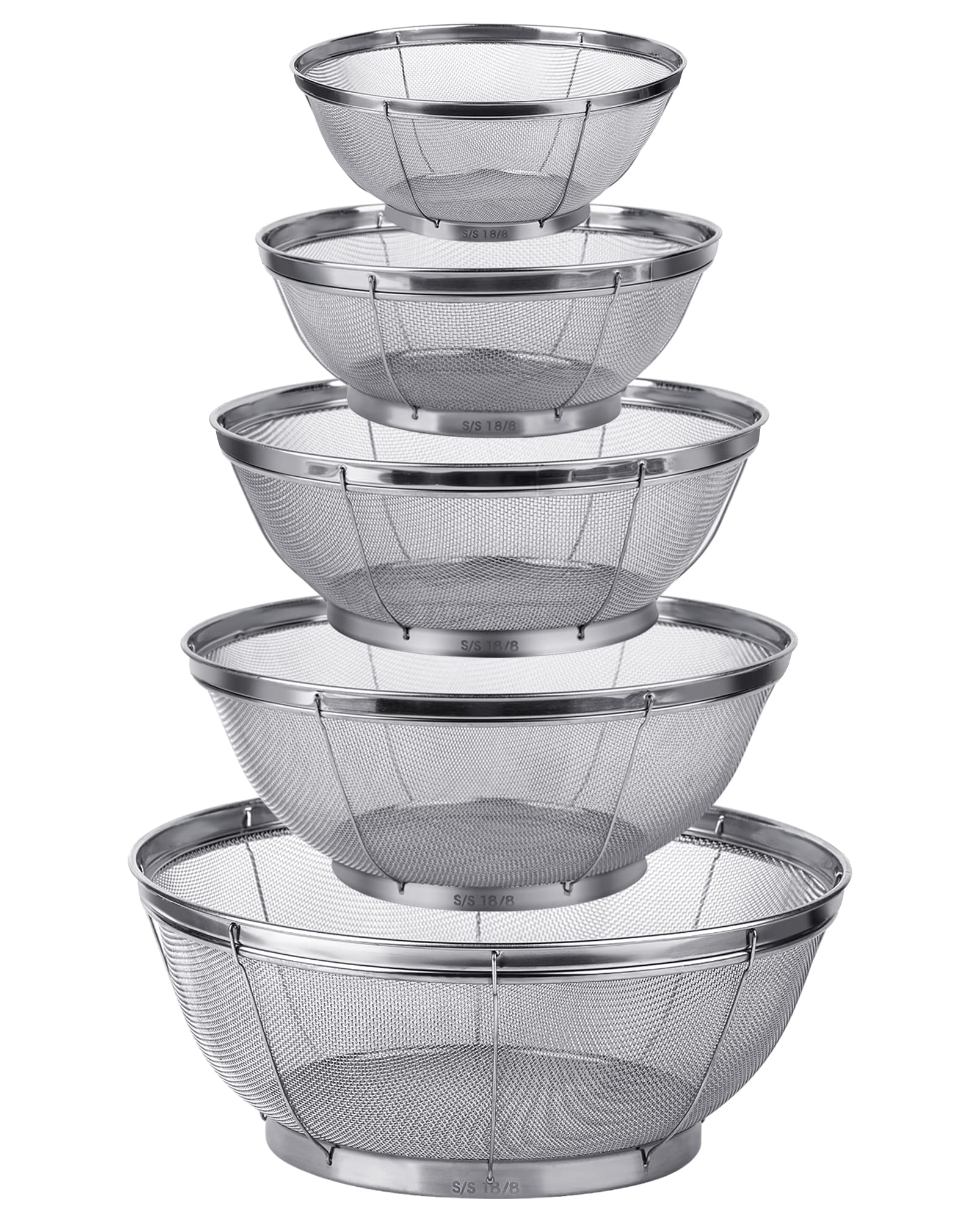 5 Pack Strainers For Kitchen, 18/8 Stainless Steel Colander, Fine Mesh Strainer For Pasta, Rice And Fruit, Sieve For Strain, Dra