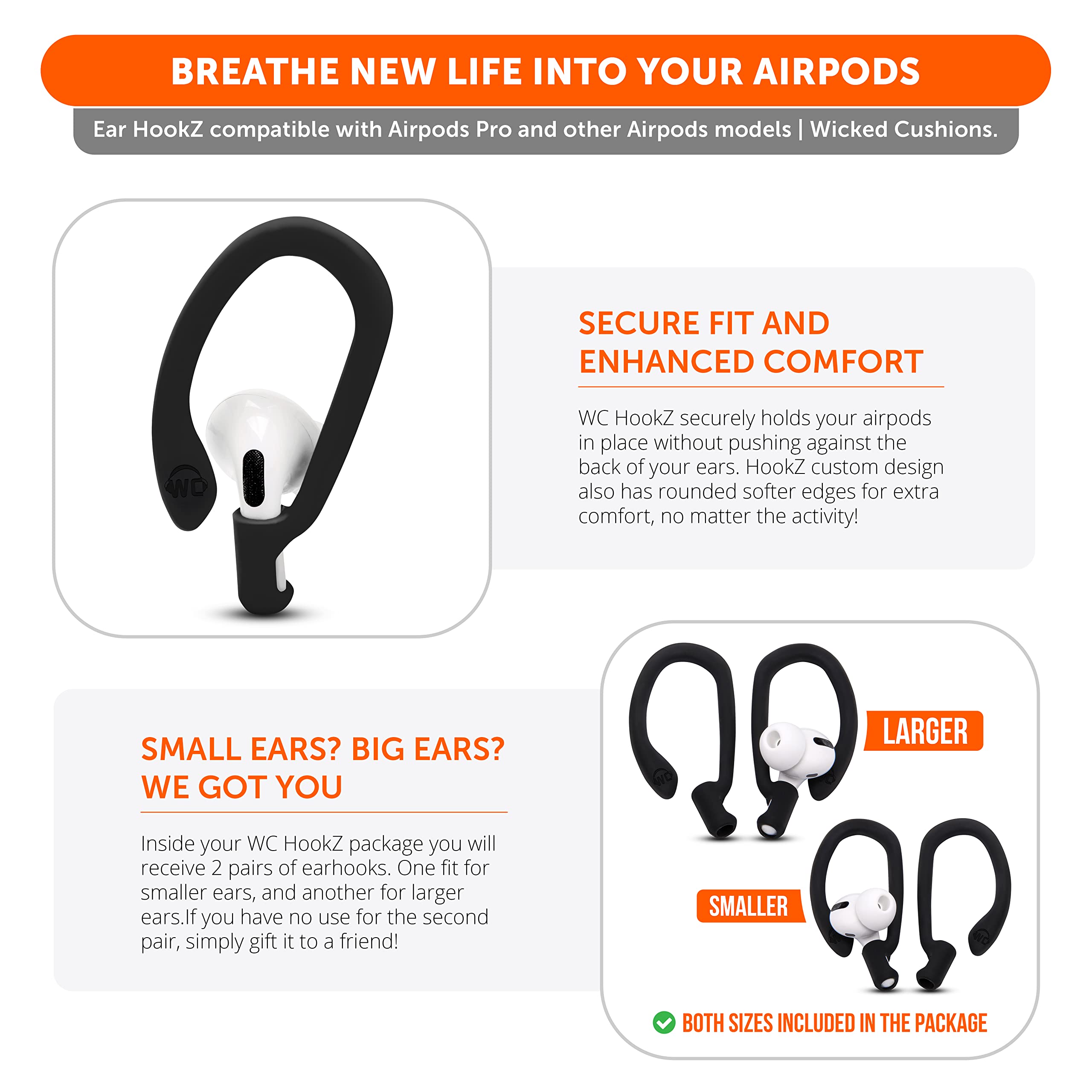 Wc Hookz - Upgraded Over Ear Hooks For Airpods Pro  Airpods 1, 2  3-2 Size Pairs Included In Package, Unique Left  Right Hook, D