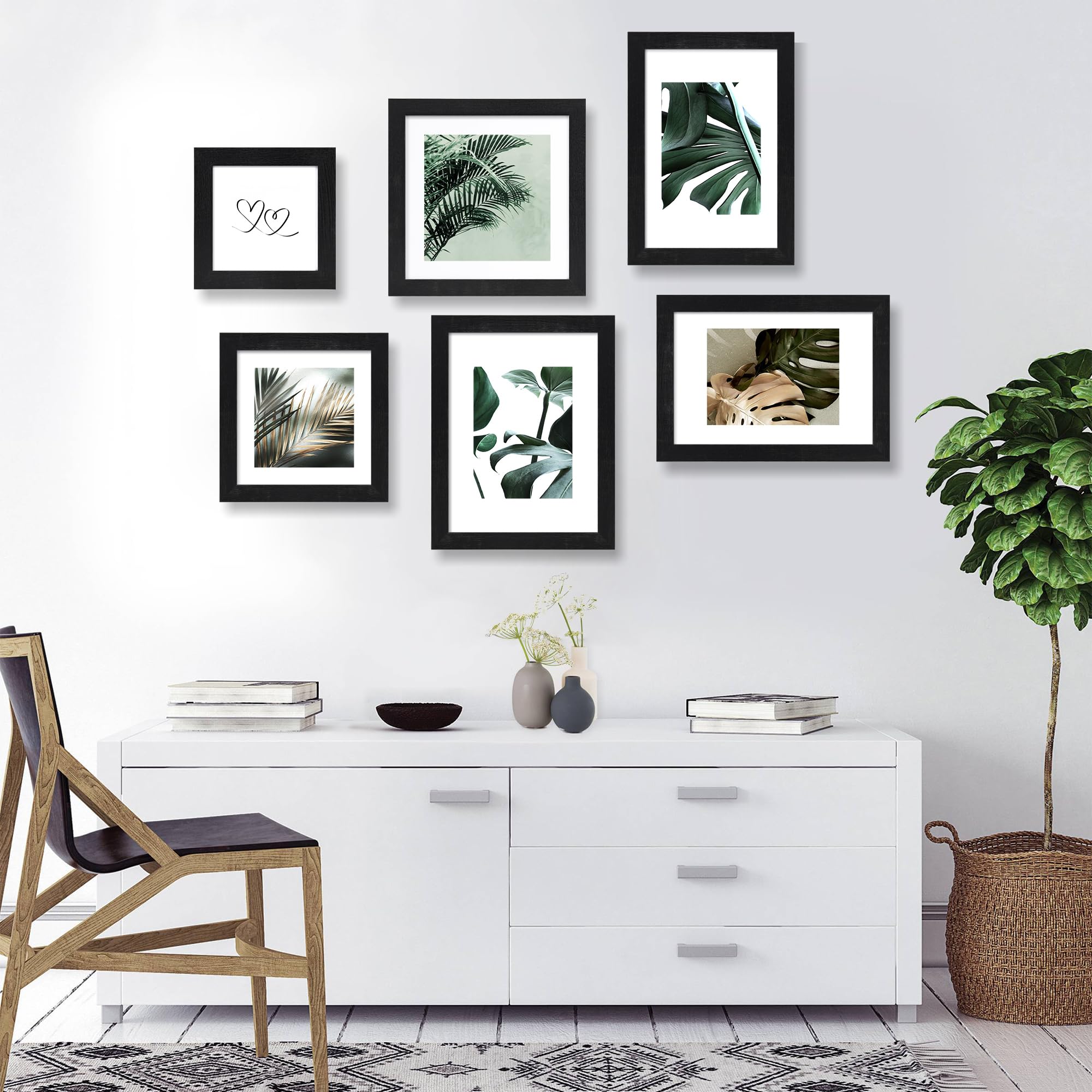 Hongkee 6x6 Picture Frame Set of 4, Made of Real Glass and Black Wooden Frame - Display Picture 4x4 with Mat or 6 x 6 Without Ma