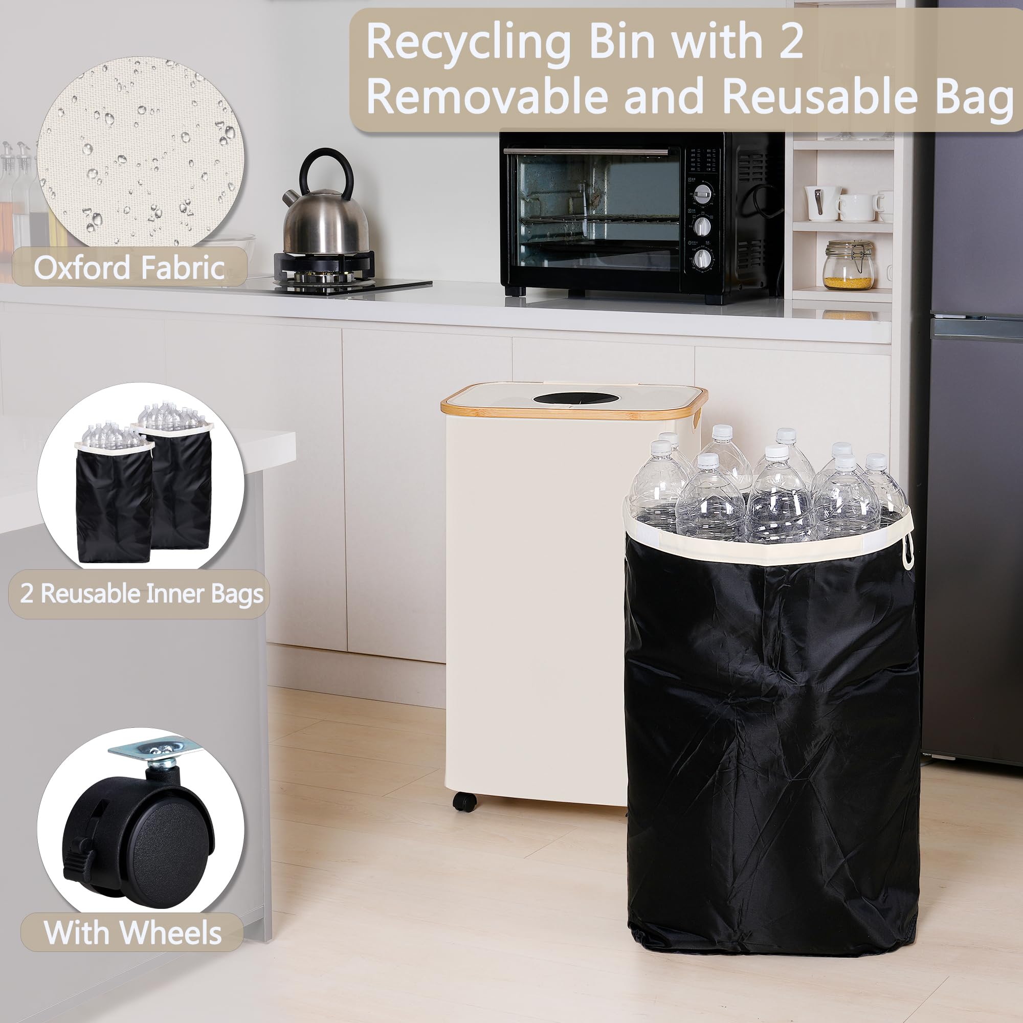 Efluky Recycle Bins For Kitchen 100L (26 Gallon), Recycling Bin With Wheels And 2 Removeable And Reusable Inner Bags, Kitchen Re