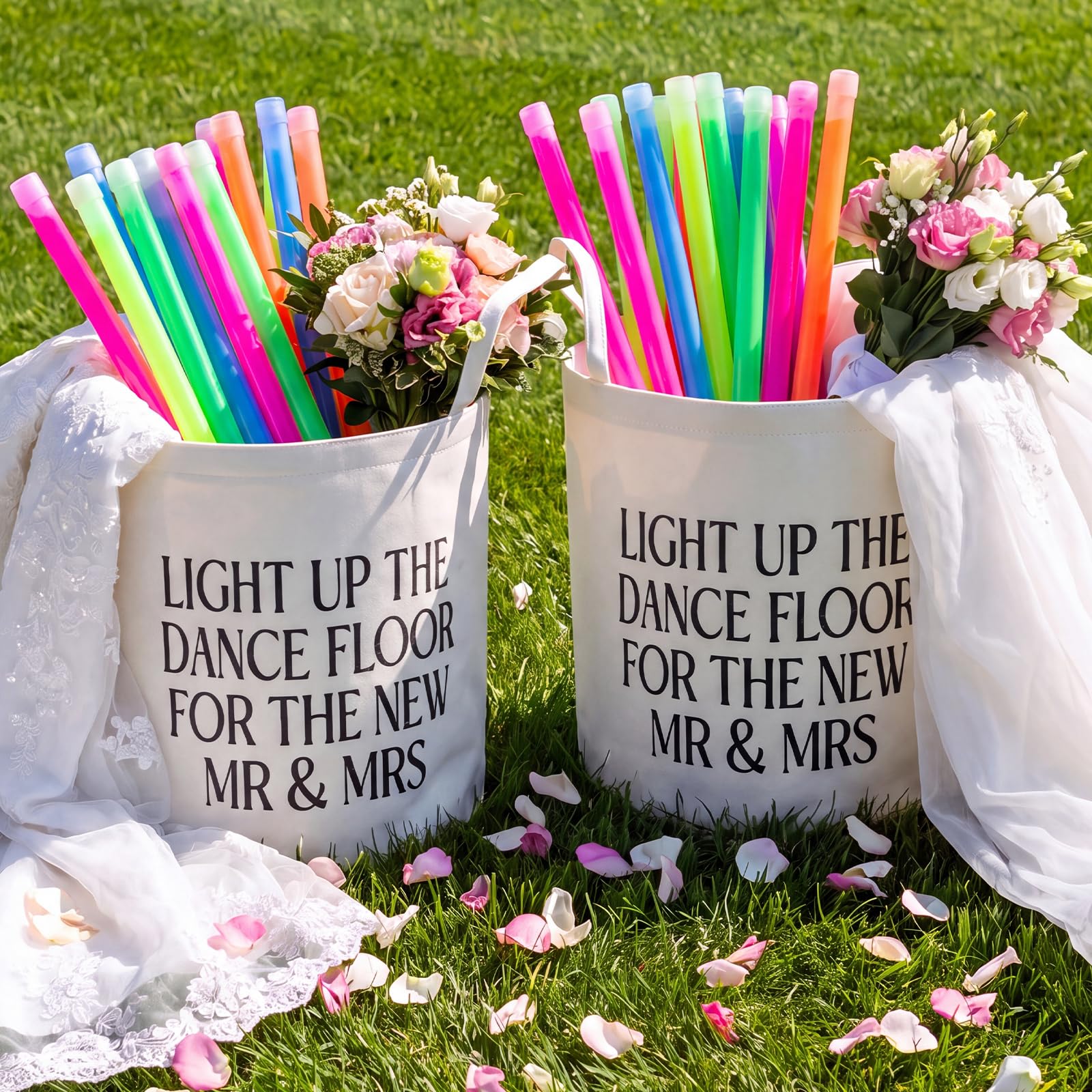 2Pack Wedding Baskets, Roomy White Felt Basket with Fun Slogan (GlowStick)