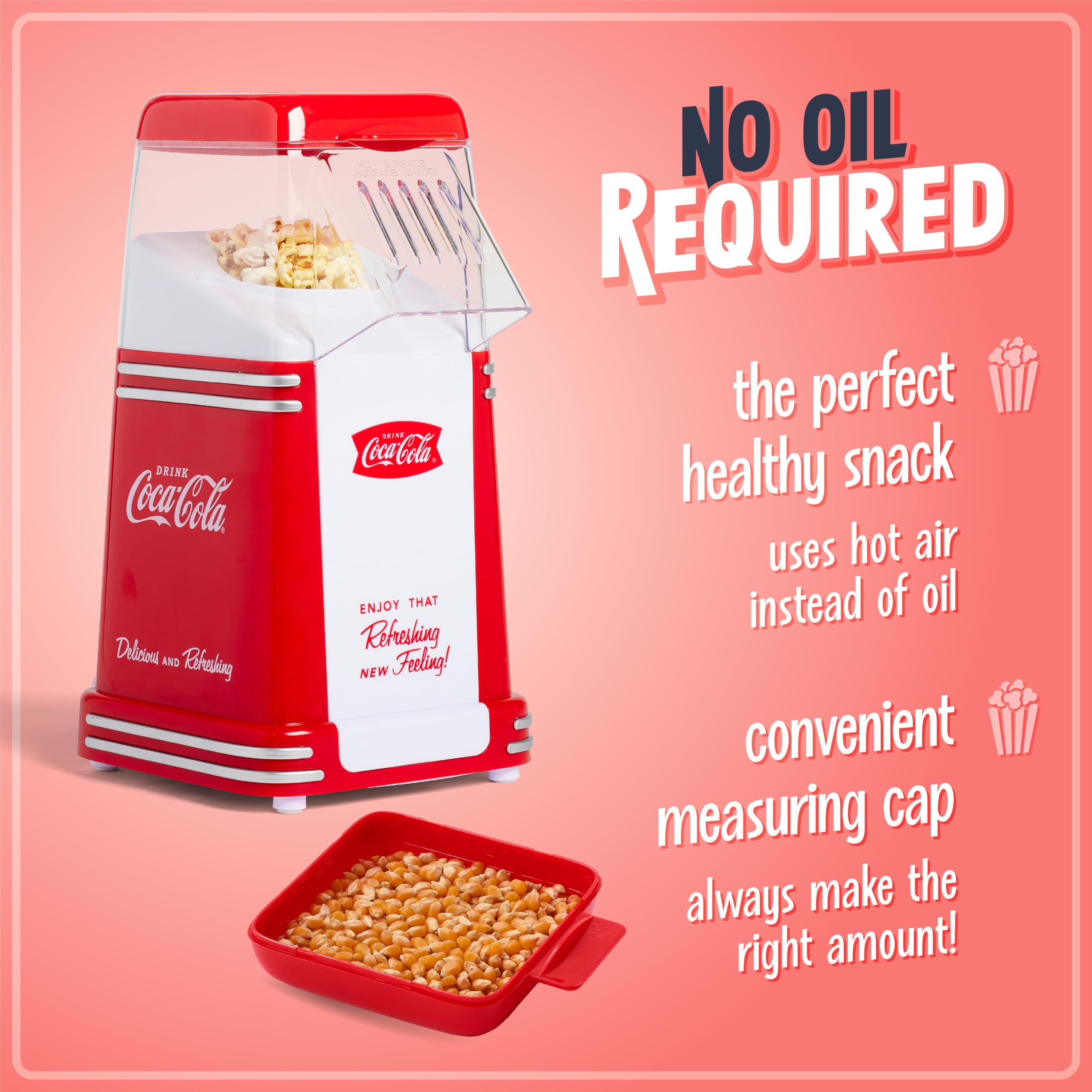Nostalgia Electrics Coca-Cola Hot-Air Electric Popcorn Maker, 8 Cups, Healthy Oil Free Popcorn With Measuring Scoop, Coke Red &