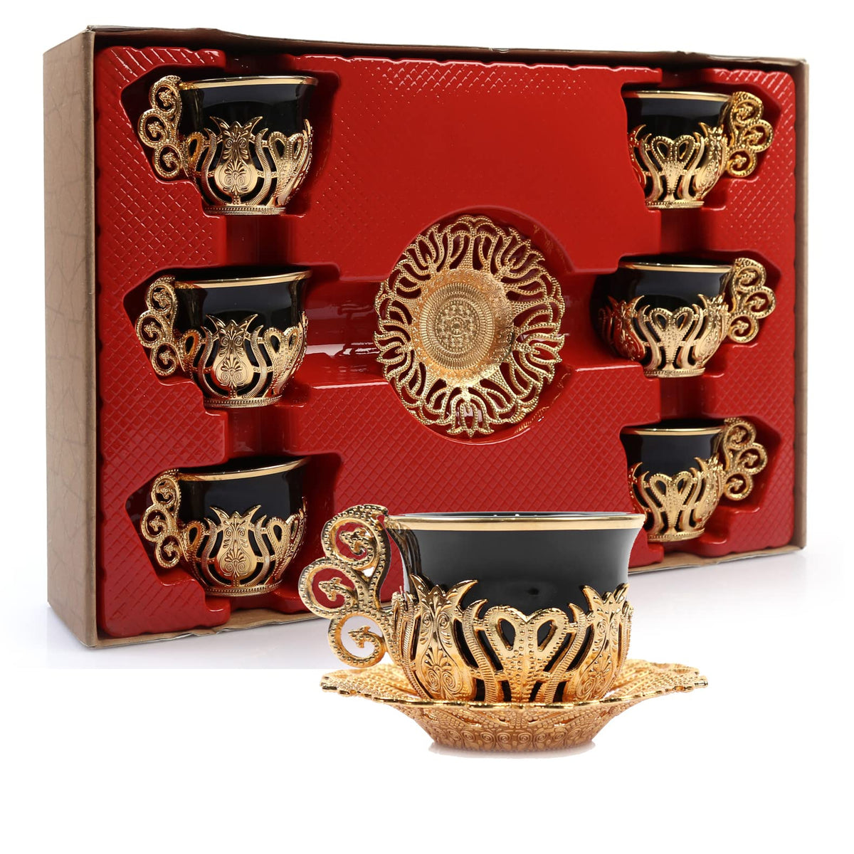 Alisveristime 12 Pc Turkish Greek Arabic Coffee Espresso Cup Saucer Porcelain Set (Black Gold)