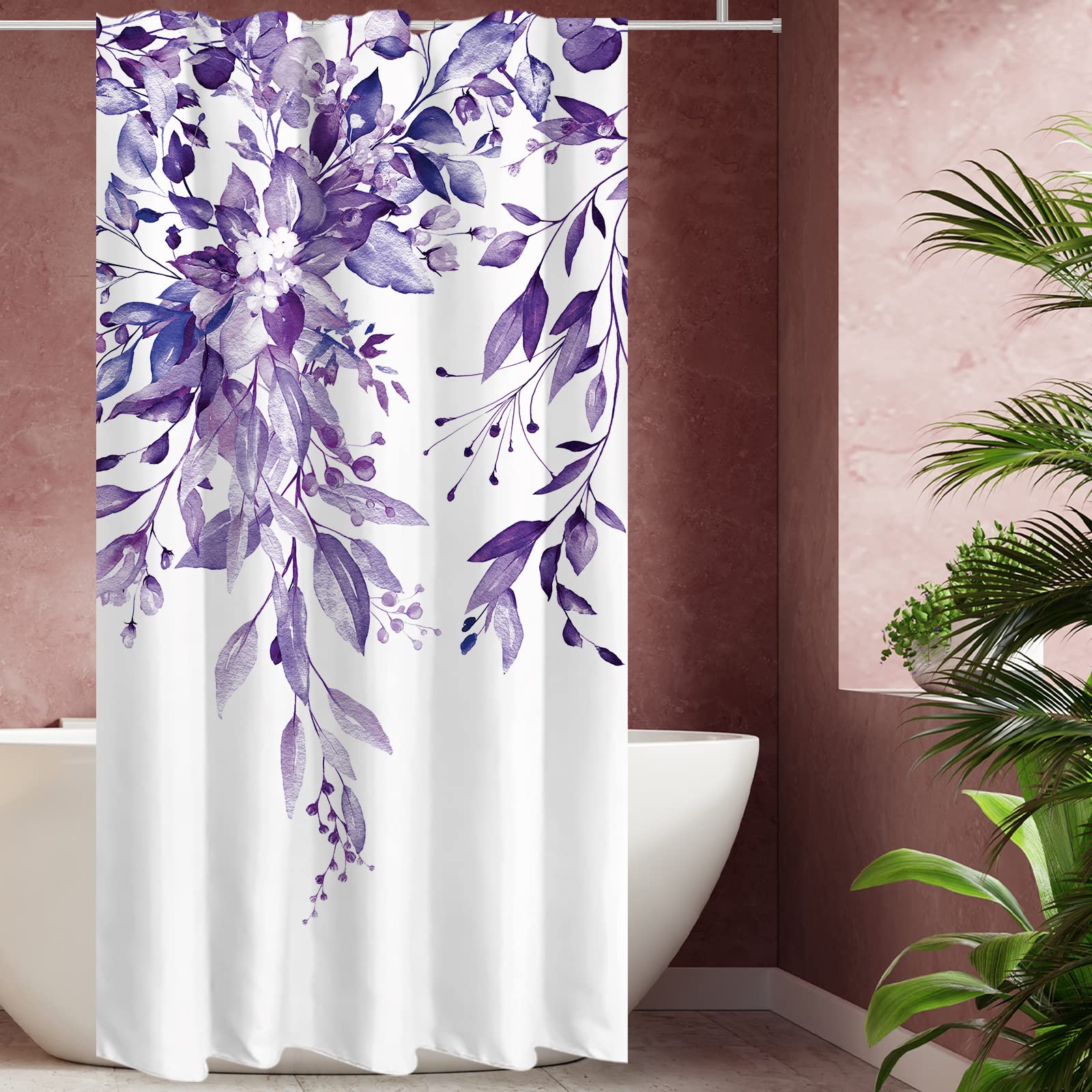Tititex Purple Eucalyptus Shower Curtain Sets, Watercolor Leaves On The Top Plant With Floral Bathroom Decoration 36X72 Inch Wit