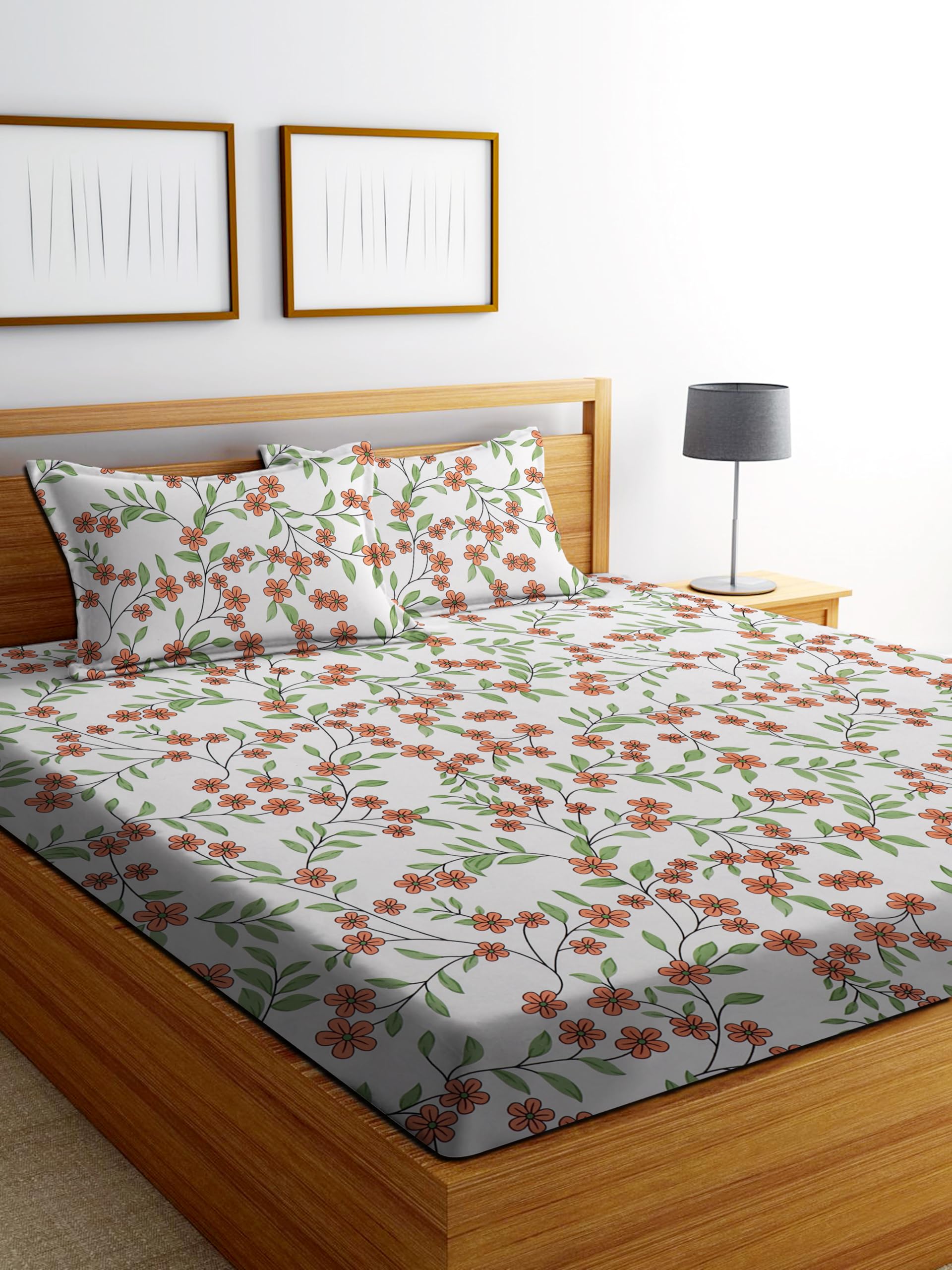 Decorum Glace Cotton Fitted Bedsheet King Size (72X78)| All Around Elastic| Cotton Feel| 2 Pillow Covers (17X27)|Fits Up To 8 Ma