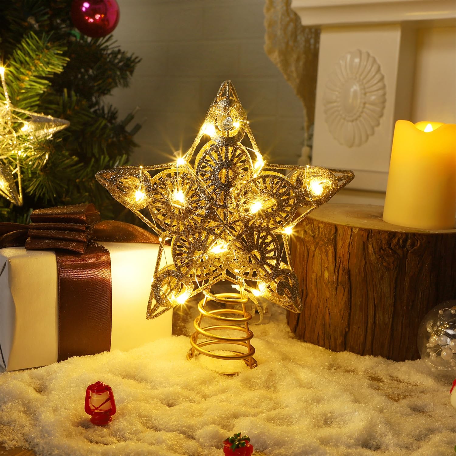 Juegoal Star Tree Topper - Golden Lighted Treetop Ornament with 20 LED Lights, 6.5 x 6.5 Inches, Battery Powered Christmas Decor