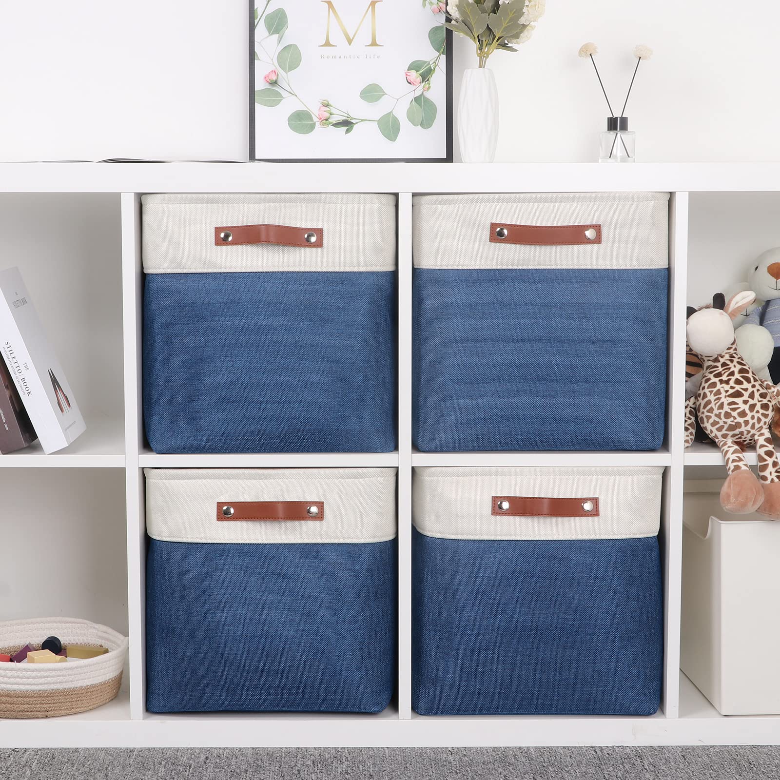 Temary Blue Storage Baskets for Shelves 13 Inch Cube Storage Bins 4Pack Fabric Cubes Basket with Handles for Organizing Shelf Baskets for Home Office Closet (White&Blue)