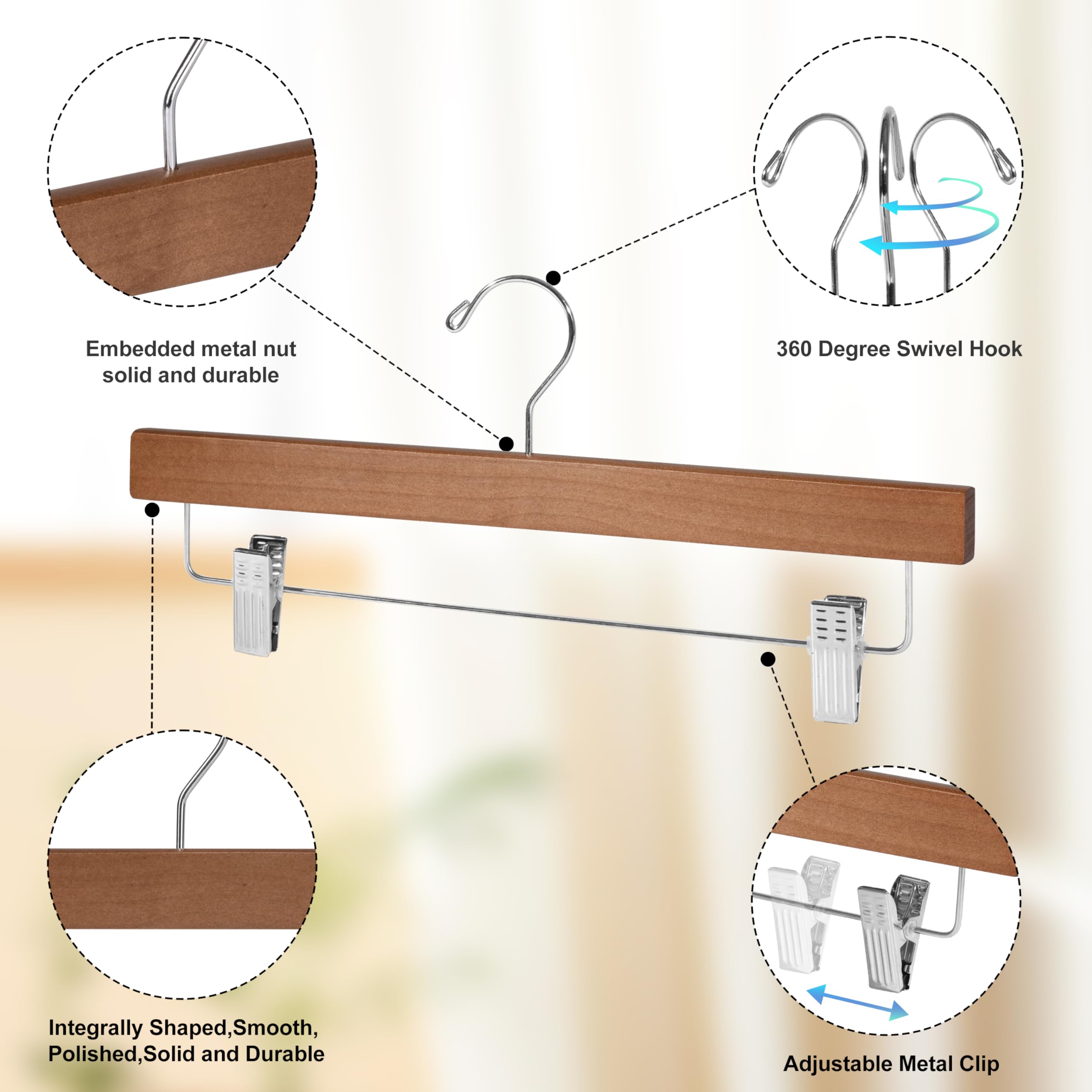 Quality Wooden Pants Hangers Skirt Hanger Jeans Hanger Bottom Hanger  Swivel Hook  Adjustable Clips (Walnut - Chrome Hook  10)
