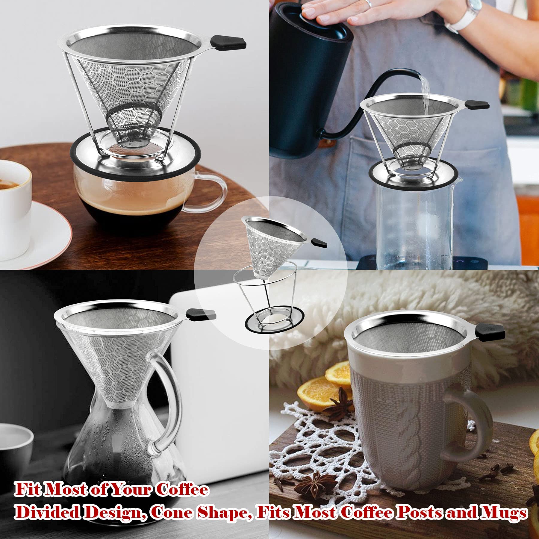 Ligicky Reusable Coffee Filter Professional Manual Stainless Steel Coffee Dripper Cone Coffee Strainer Paperless Coffee Maker Fo