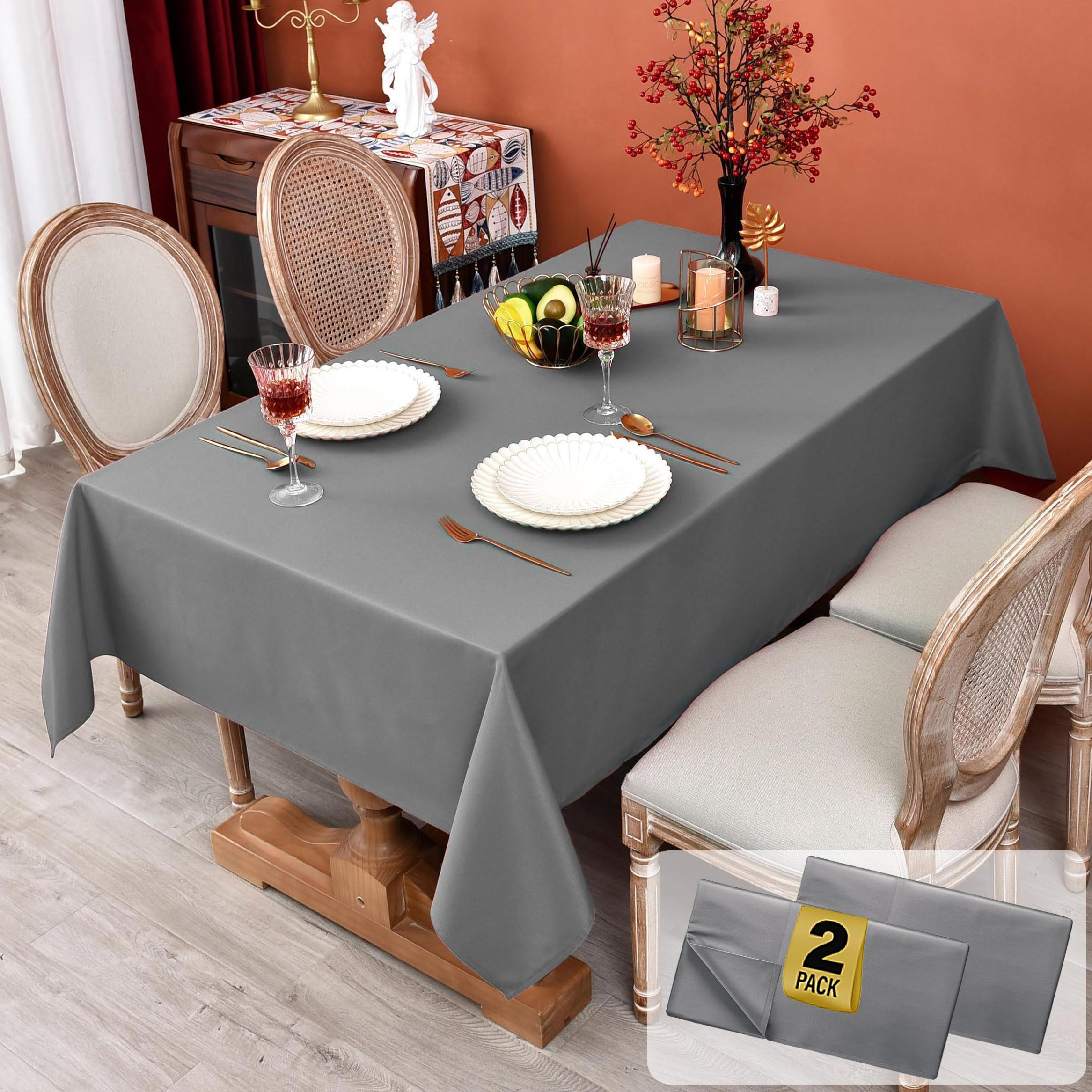 MEANMOY 2 Pack Grey 210 GSM Water & Stain Resistant Rectangle Tablecloth - Solid 60 x 102 Inch Rectangular Table Cloth in Wrinkl
